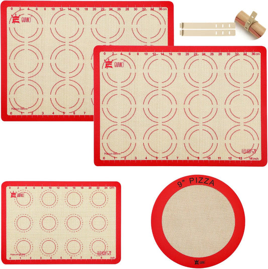 Silicone Baking Mat Set of 4, GUANCI Grade Food Baking mats Non-Stick Reusable Pizza Bakeware Mat for Making Macaroon, Pizza, Cookie, Pastry, Bread, Bun(Red)