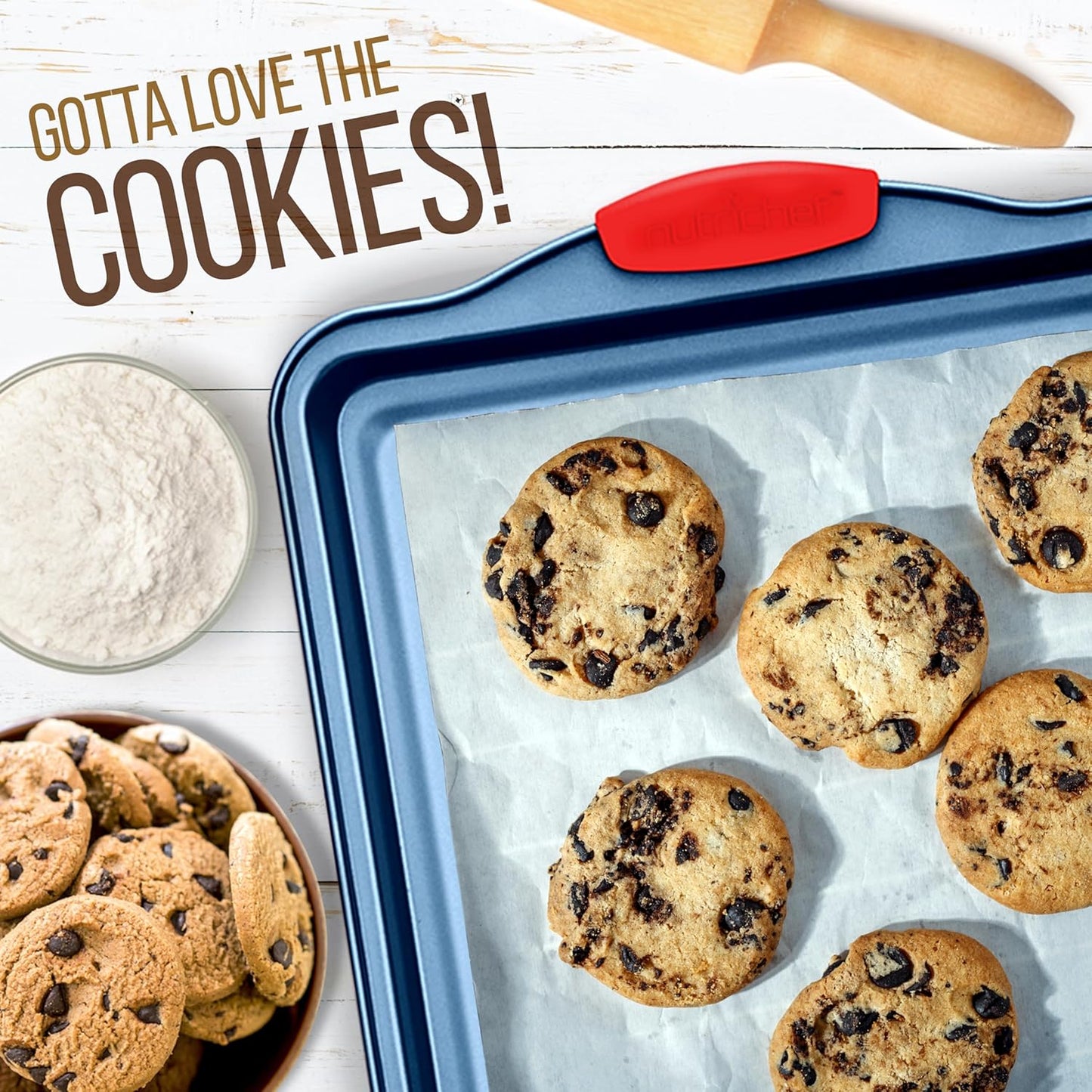 NutriChef Nonstick 3-Piece Baking Pans Set – Carbon Steel Bakeware with Blue Coating Inside & Outside and Red Silicone Handles, Durable and Reliable, Effortless Baking and Easy Cleanup (Blue)