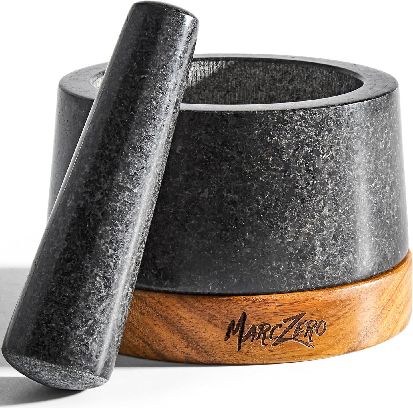 MarcZero 6inch Large Mortar and Pestle Set with Anti-Scratch Wooden Base,Heavy Duty Mortar and Pestle Made of Natural Granite(Black)