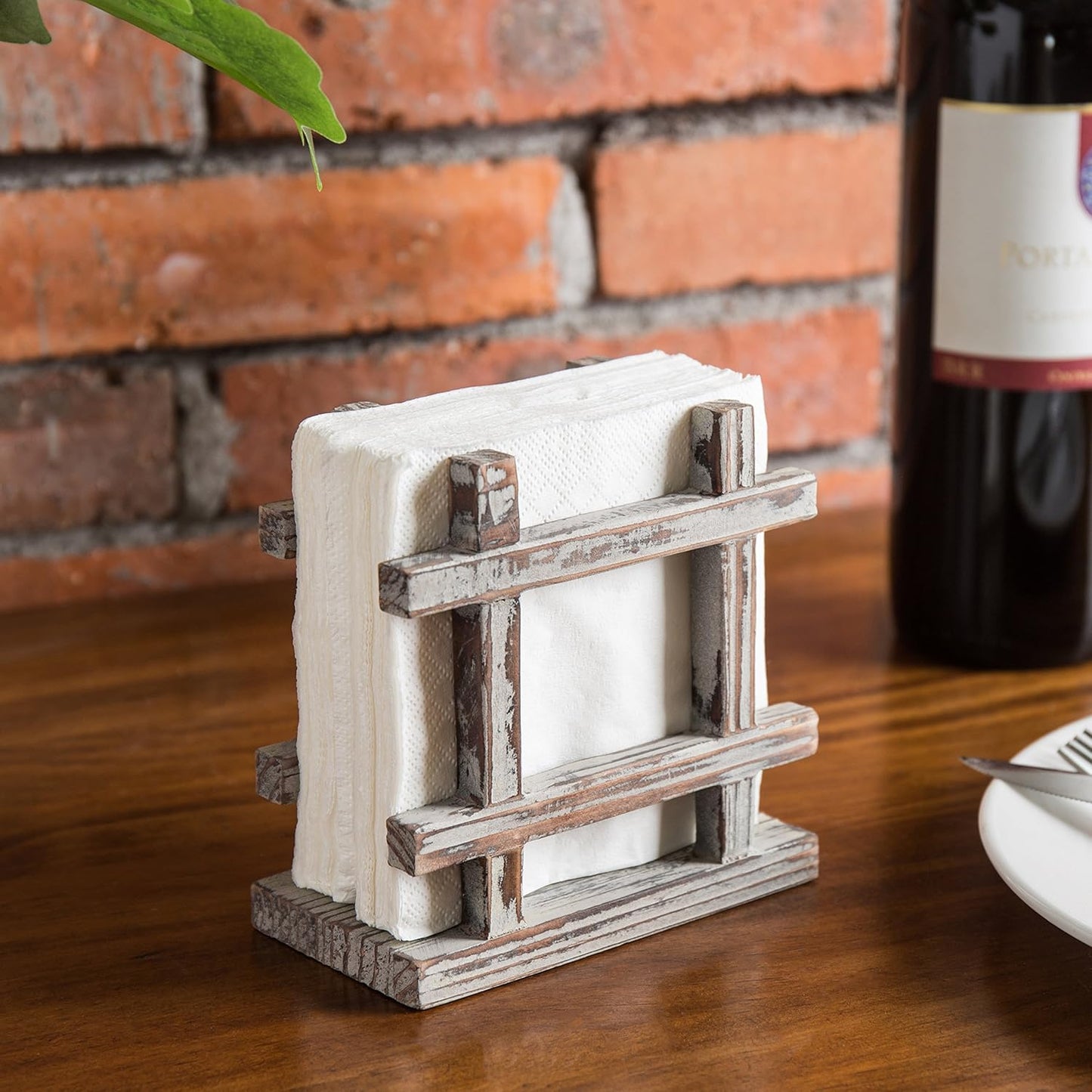 MyGift Farmhouse Rustic Torched Wood Napkin Holder for Table with Cross-Corner Design