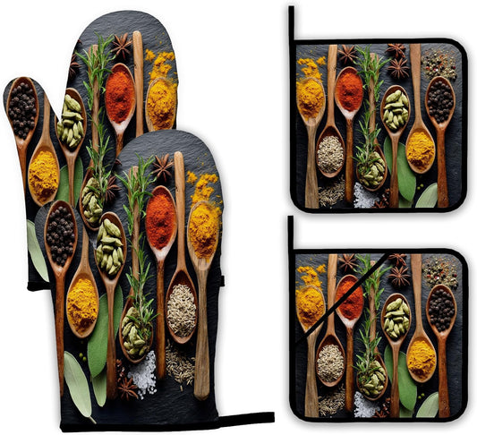Cooking Herbs Spices Oven Mitts and Pot Holders Set,Kitchen Oven Gloves and Pot Holder with Heat Resistant Non Slip for Cooking Baking Grilling(4 Piece Set)