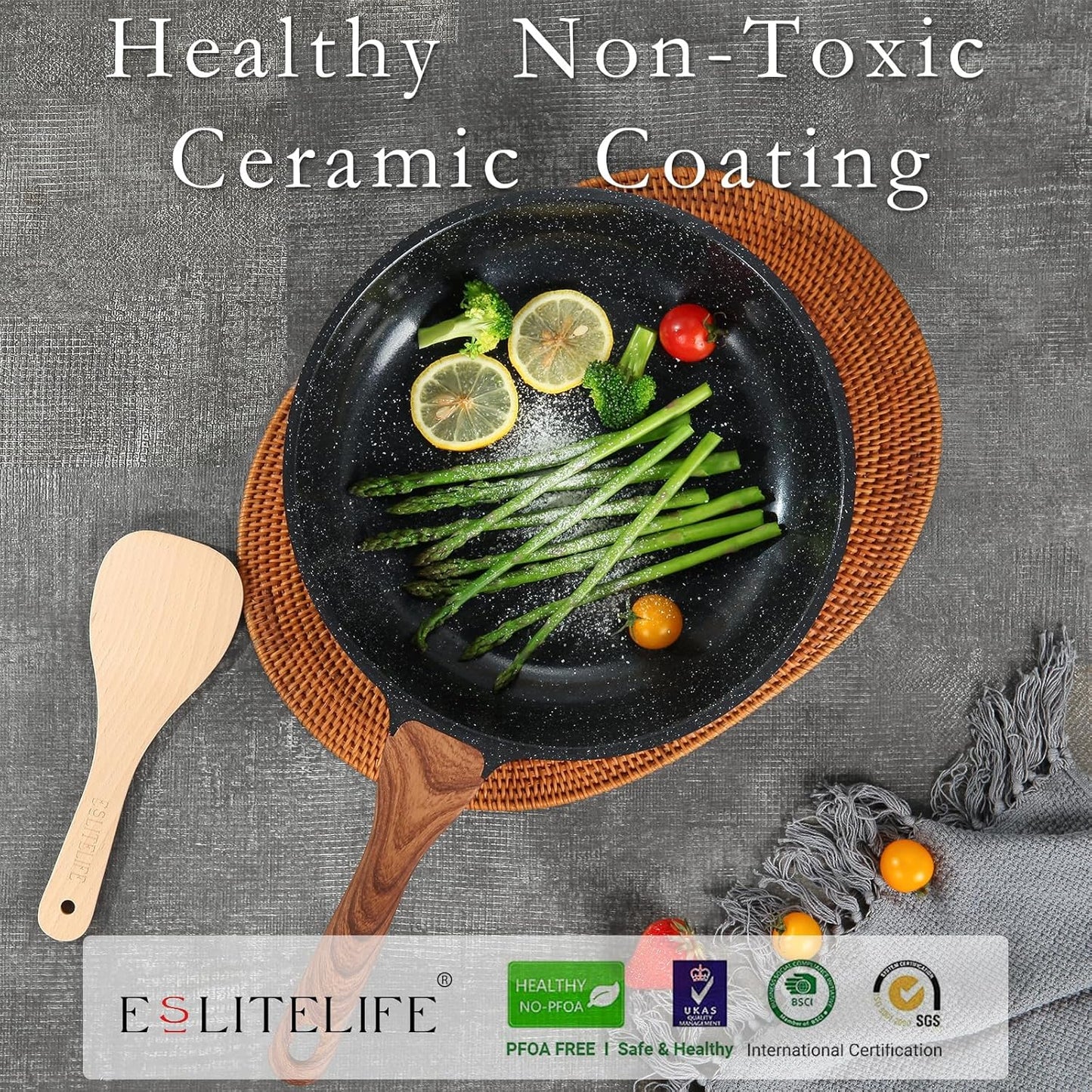 ESLITE LIFE Nonstick Ceramic Frying Pans Skillets Set, Non-Toxic Egg Omelette Kitchen Cooking Pans Compatible with All Stovetops (Gas, Electric & Induction), PTFE & PFOA Free (Black)