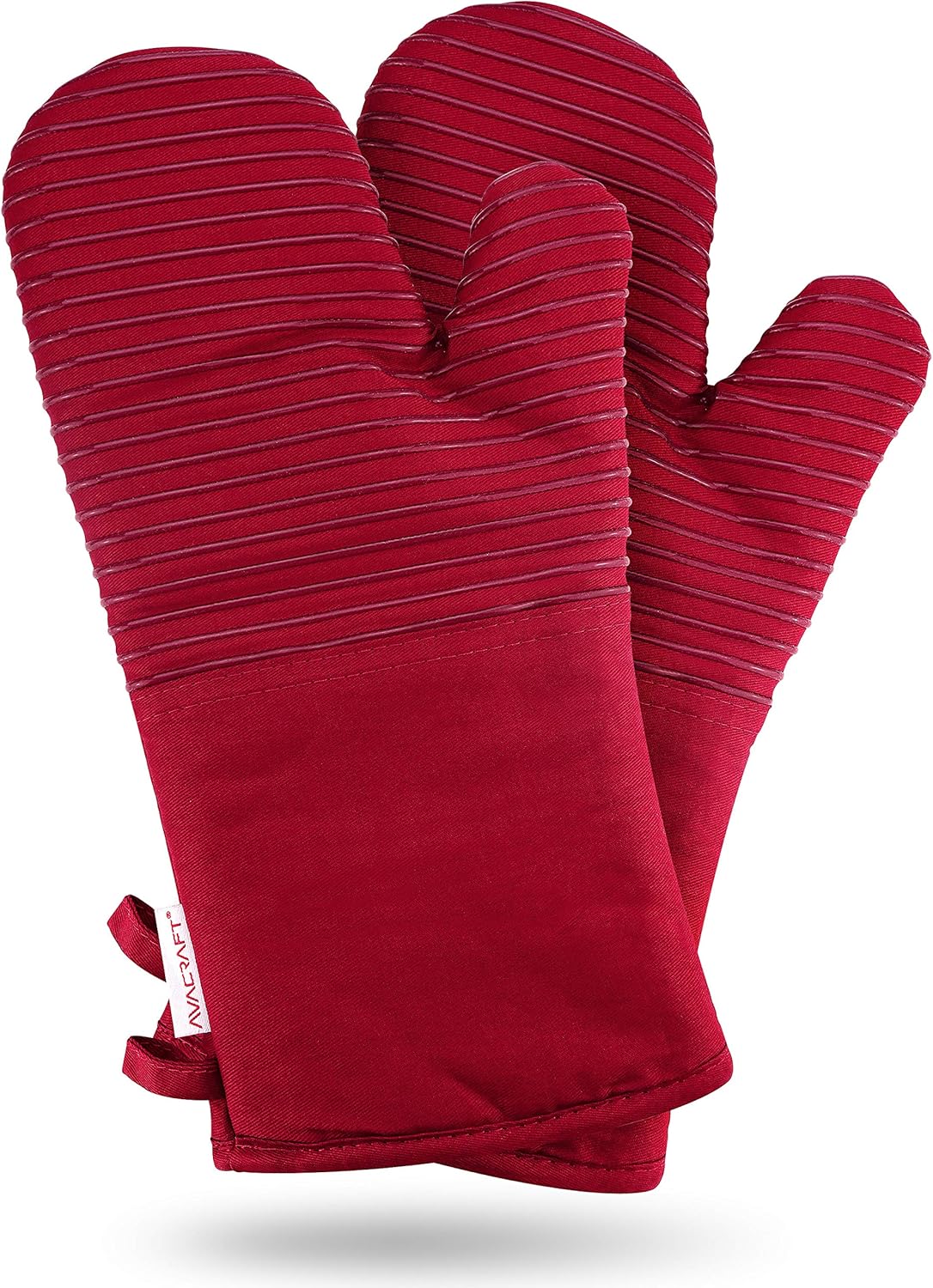 AVACRAFT Oven Mitts Pair, Flexible, 100% Cotton with Unique Heat Resistant Food Grade Silicone, Thick Terry Cloth Interior, 500 F Heat Resistant (Red Oven Mitts)