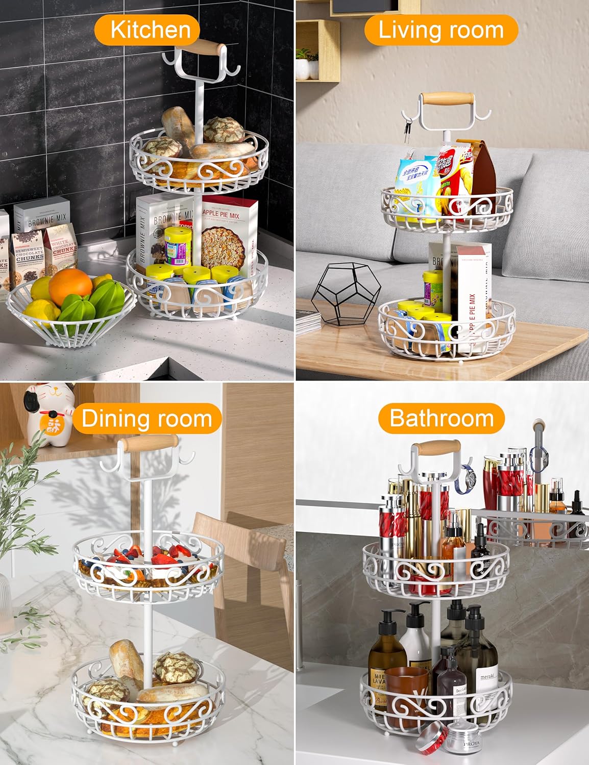 2-Tier 𝐅𝐫𝐮𝐢𝐭 𝐁𝐚𝐬𝐤𝐞𝐭 and Fruit Bowl - Fruit and Vegetable Storage with Banana Tree Hanger and Wood Handle, Fruit Basket for Kitchen Counter, for Bread Onions Potatoes Veggies Produce