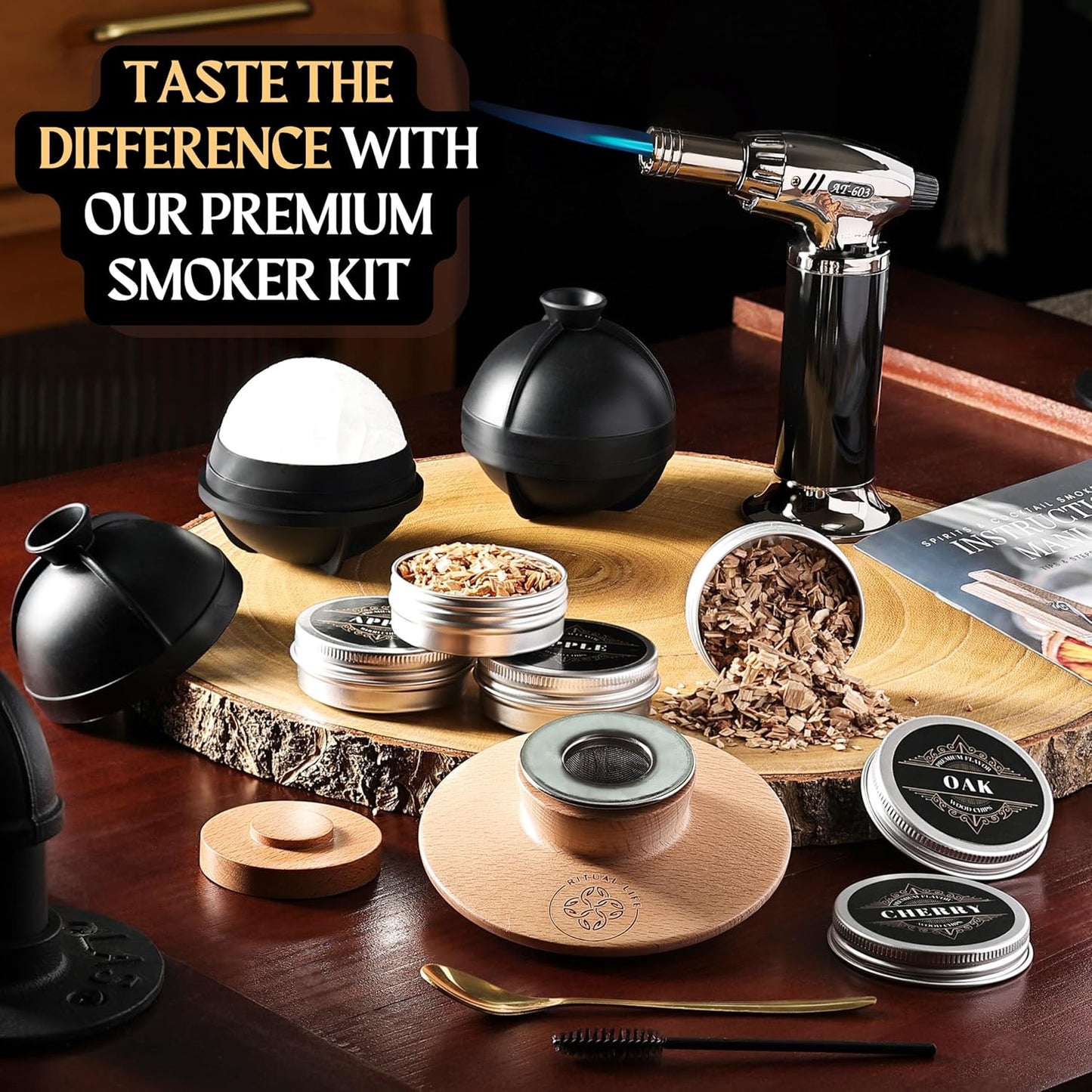 Cocktail Smoker Kit - Whiskey Bourbon Drink Smoker with Torch, Custom Top, 2 Ice Ball Makers, 4 Flavors Wood Chips - Smokers for Whiskey Drinks - Cocktail Drink Smoking Kit - Unique Gifts for Him