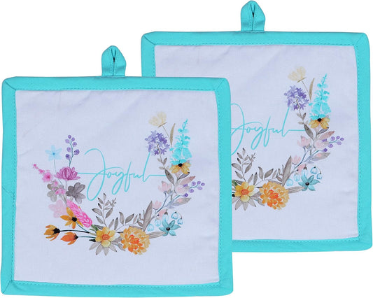 AMOUR INFINI Pot Holders Heat Resistant Cotton Set of 2 Nonslip 8"x8" Inch Hot Pads for Kitchen, BBQ, Baking & Cooking with Hanging Loops (Joyful Floral)