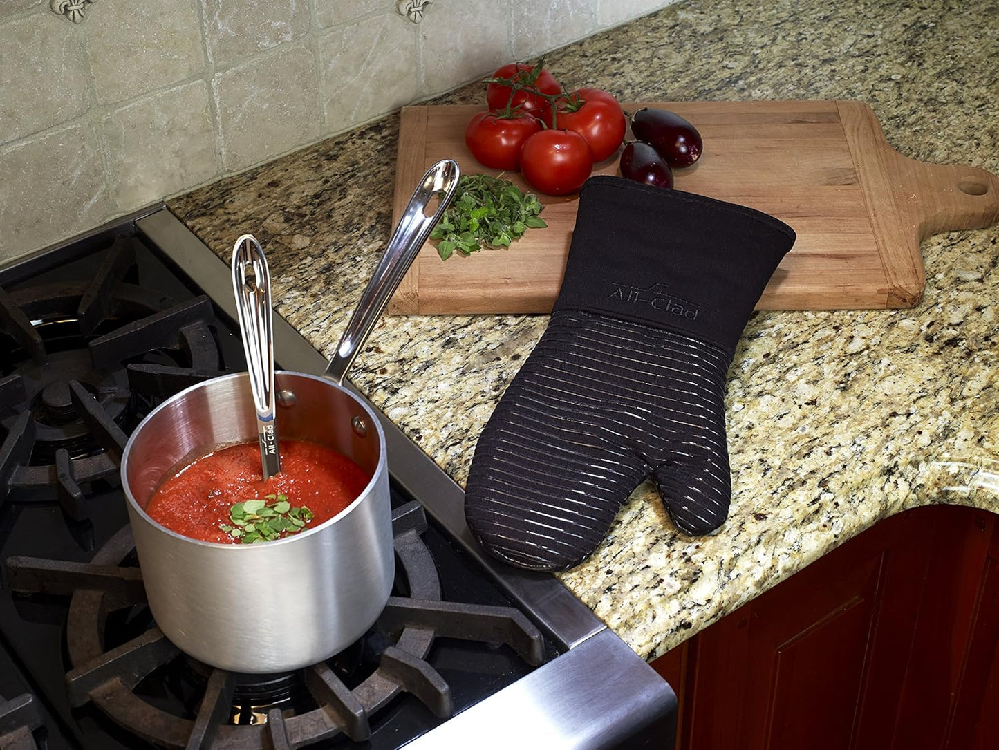 All Clad Silicone Oven Mitt: Heat Resistant up to 500 Degrees - 100% Cotton & Silicone, 14"x7" Oven Mitt for Kitchen and Barbeque, 1-Pack, Black