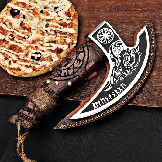MR. CRAFT Pizza Cutter Axe Rocker Carbon Steel Slicer Chef Pizza Cutter Viking Axe with Leather Cover - Premium Pizza Oven Accessories Ulu Rocking Pizza Gift Gifts for Men (Royal Skull)