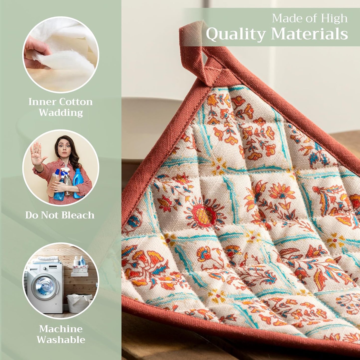 Maison d' Hermine Pot Holders 100% Cotton Heat Resistant Potholders 8" x 8" Hot Pads with Loop BBQ, Cooking, Baking, Grilling, Kitchen, Handling Hot Pans (Pack of 1, Romane)