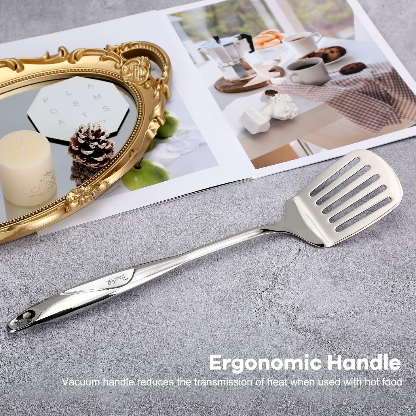 Kitchen Utensils, Contains Soup ladle, Spaghetti Claw, Wok Turner Shovel, Slotted Turner, Premium Stainless Steel, No rust, Dishwasher Safe (Slotted Spatula)