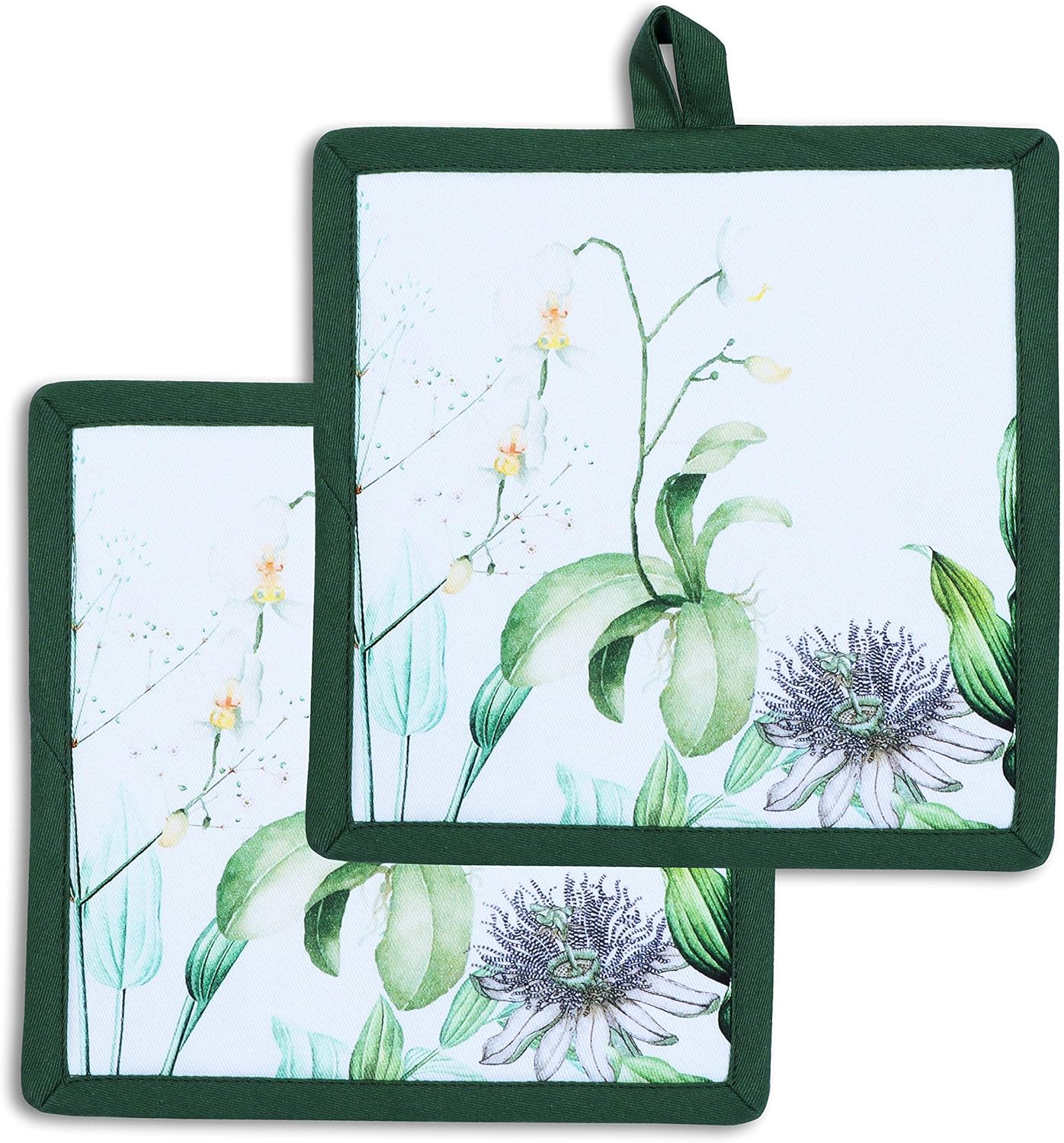 AMOUR INFINI Pot Holders Heat Resistant Cotton Set of 2 Nonslip 8"x8" Inch Hot Pads for Kitchen, BBQ, Baking & Cooking with Hanging Loops (Floral Shrubs)