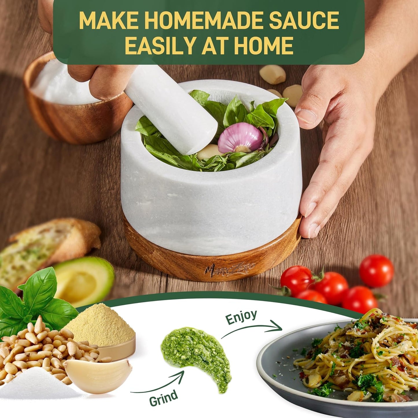 MarcZero 6inch Large Mortar and Pestle Set with Anti-Scratch Wooden Base, Heavy Duty Mortar and Pestle Made of Natural Marble(White)