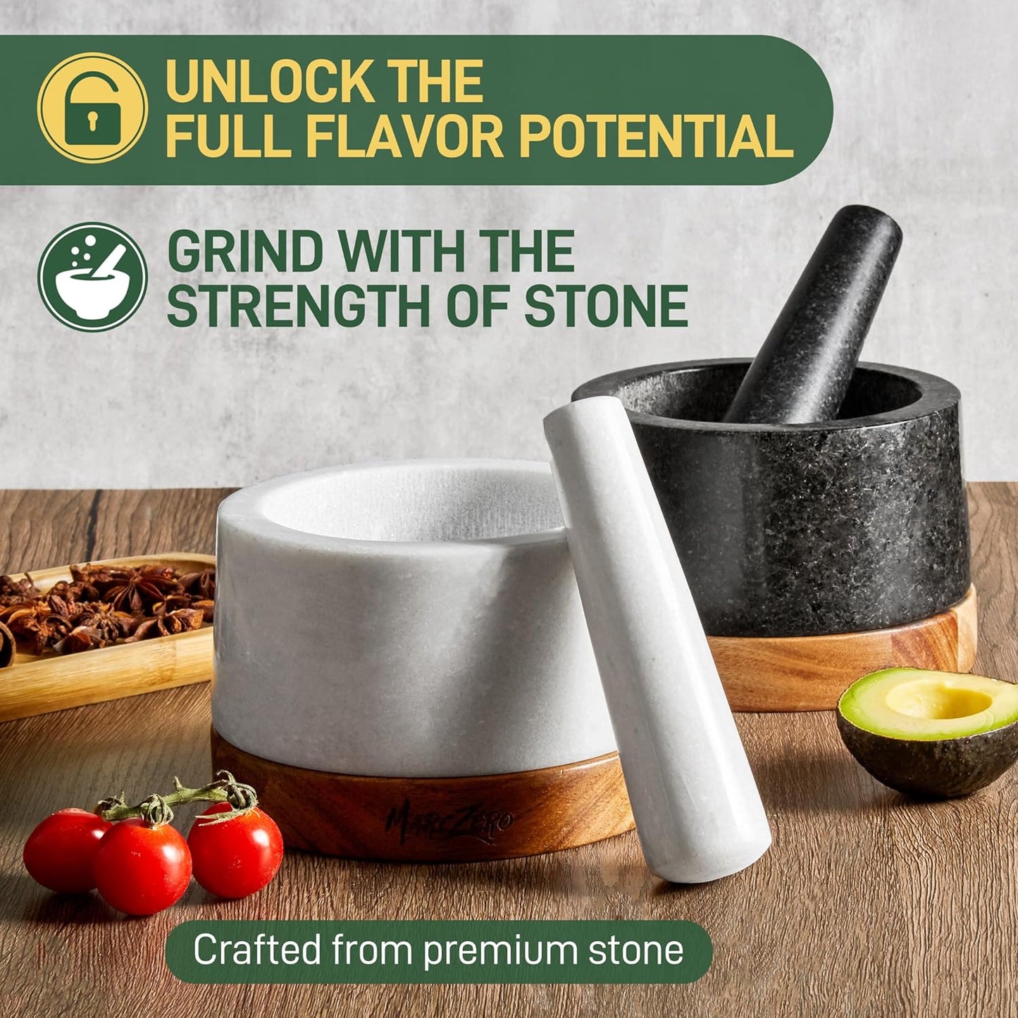 MarcZero 6inch Large Mortar and Pestle Set with Anti-Scratch Wooden Base, Heavy Duty Mortar and Pestle Made of Natural Marble(White)