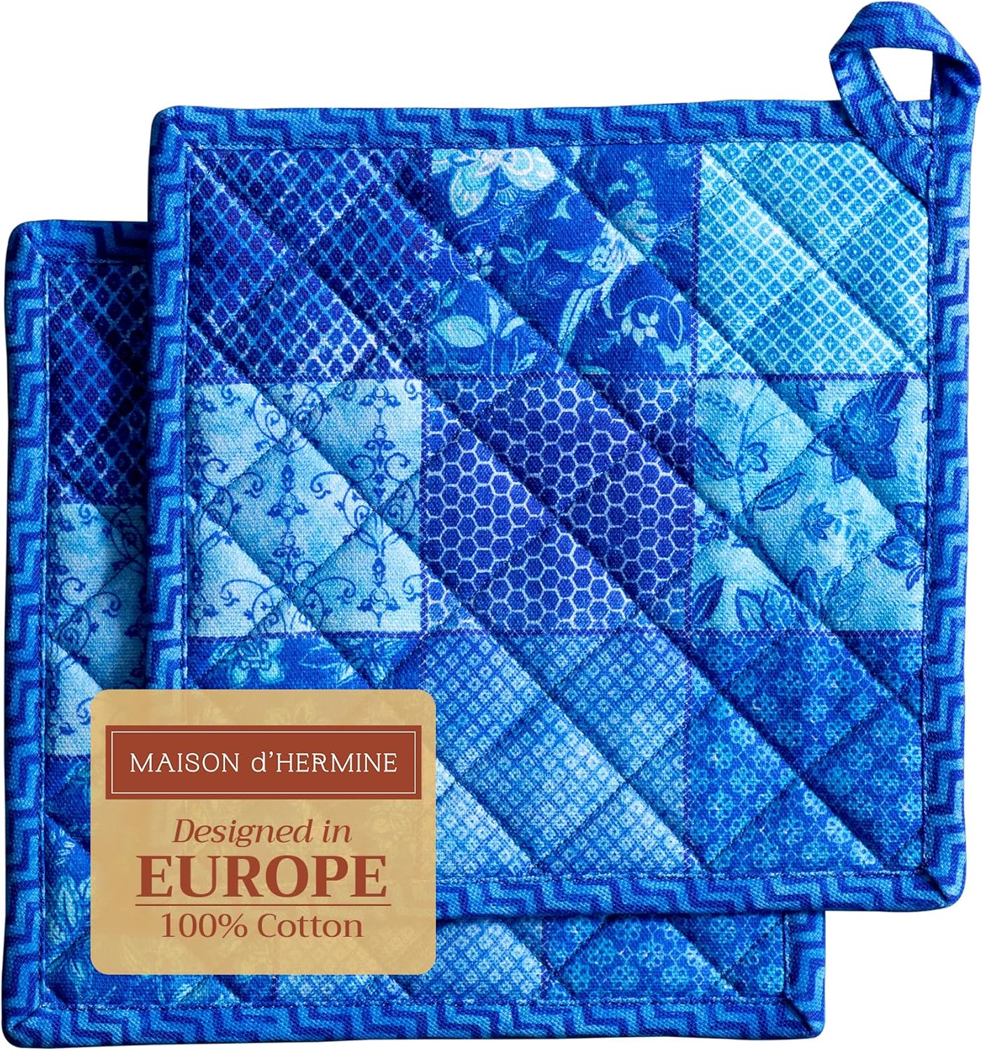 Maison d' Hermine Pot Holders Set 100% Cotton Heat Resistant Potholders 8" x 8" Hot Pads with Loop BBQ, Cooking, Baking, Grilling, Kitchen, Handling Hot Pans Spring/Summer (Pack of 2, Indigo Love)