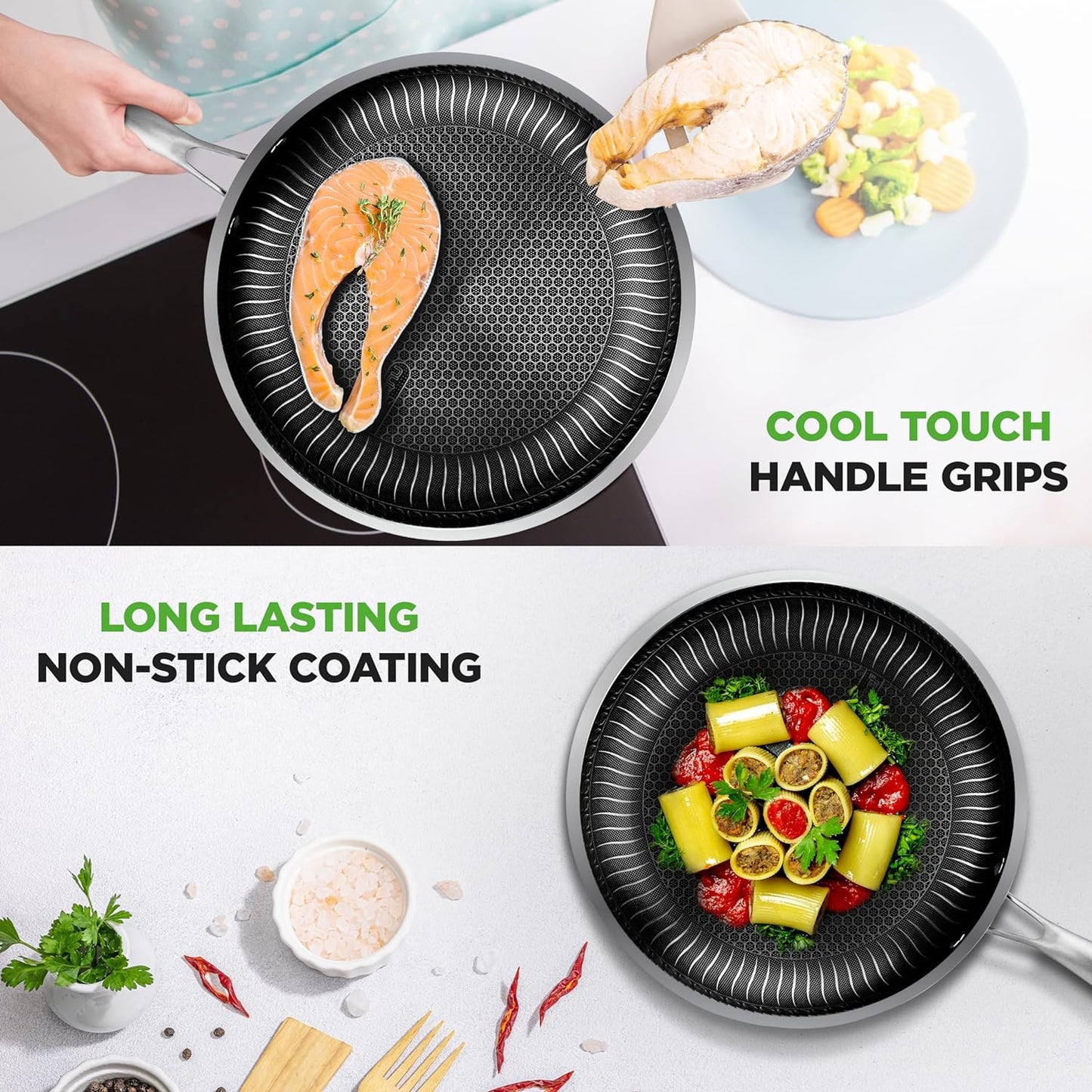 NutriChef 8" Stainless Steel Frying Pan - Triply Kitchenware Stir Fry Pan Kitchen Cookware w/DAKIN Etching Non-Stick Coating, Scratch-resistant Raised-up Honeycomb Fire Textured Pattern - NC3PL8