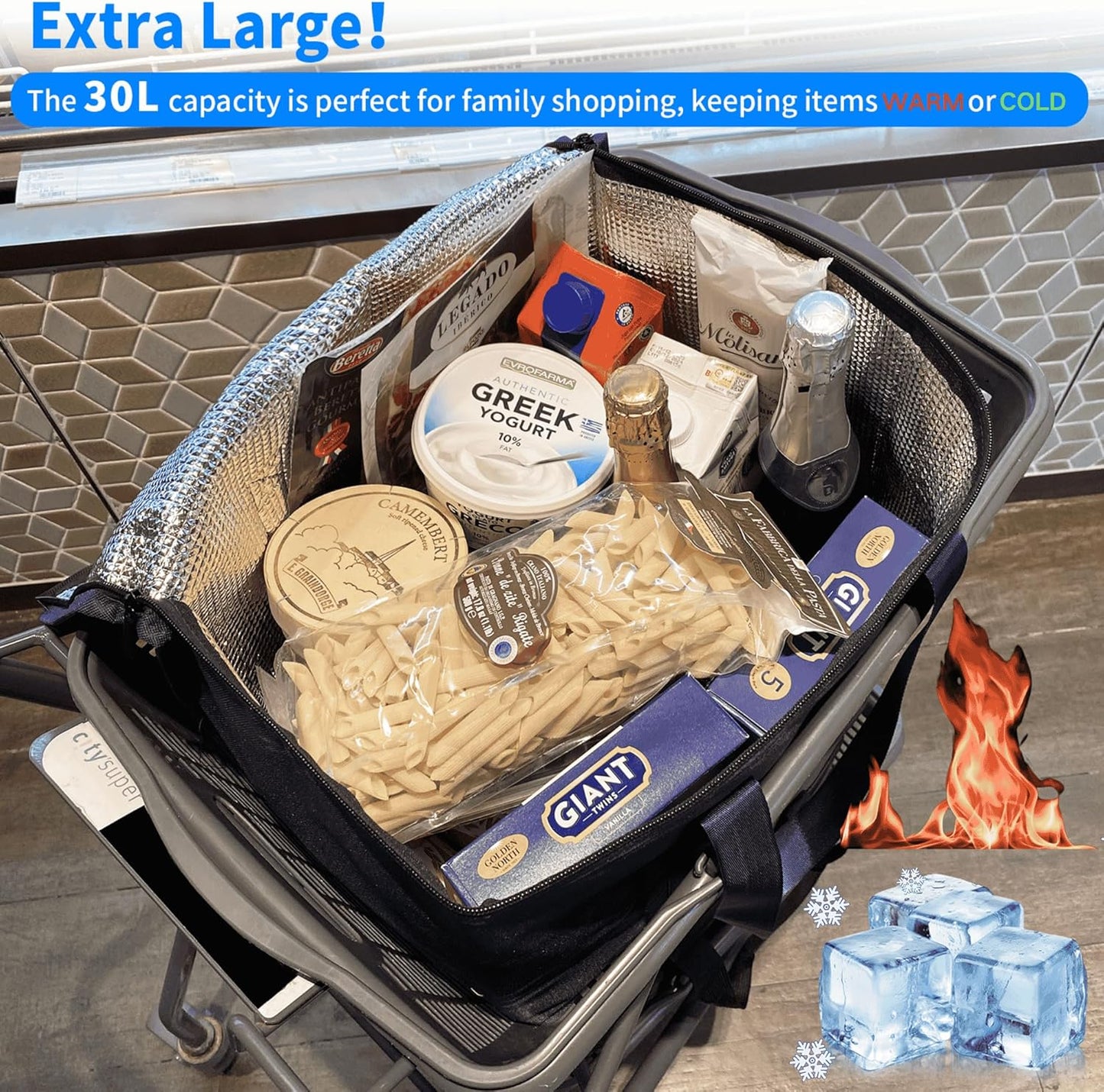 2-Pack Cold Storage Food Bag, Insulated Grocery Bags for Delivery, Heavy Duty Reusable Bags with Zippered Top, Foldable and Durable for Frozen Foods and Shopping Black