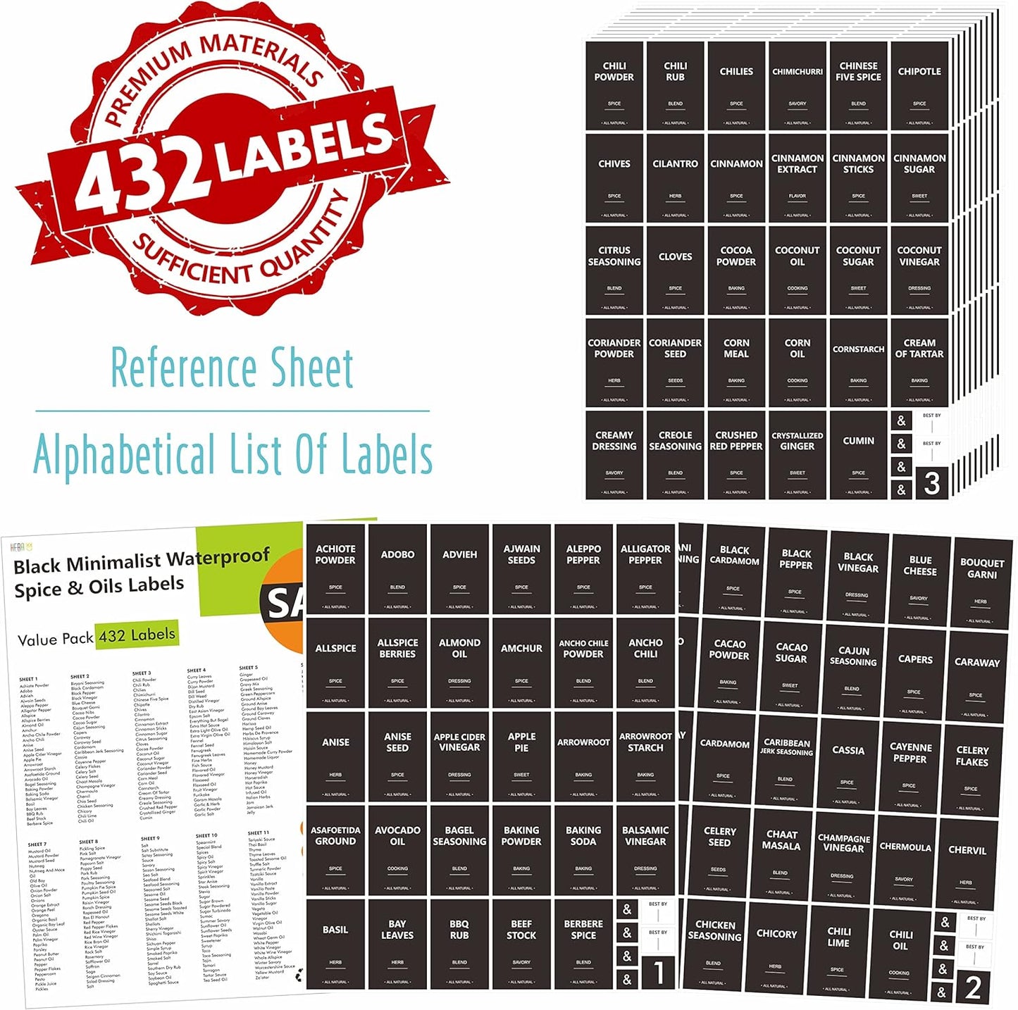 432 Removable Spice Labels, 396 Pre-Printed Herb Seed Seasoning Sauce Oil Vinegar Stickers, 36 Blank Ones, Waterproof Oil&Tear Resistant, No Residue for Kitchen Pantry Containers Jars(White on Black)
