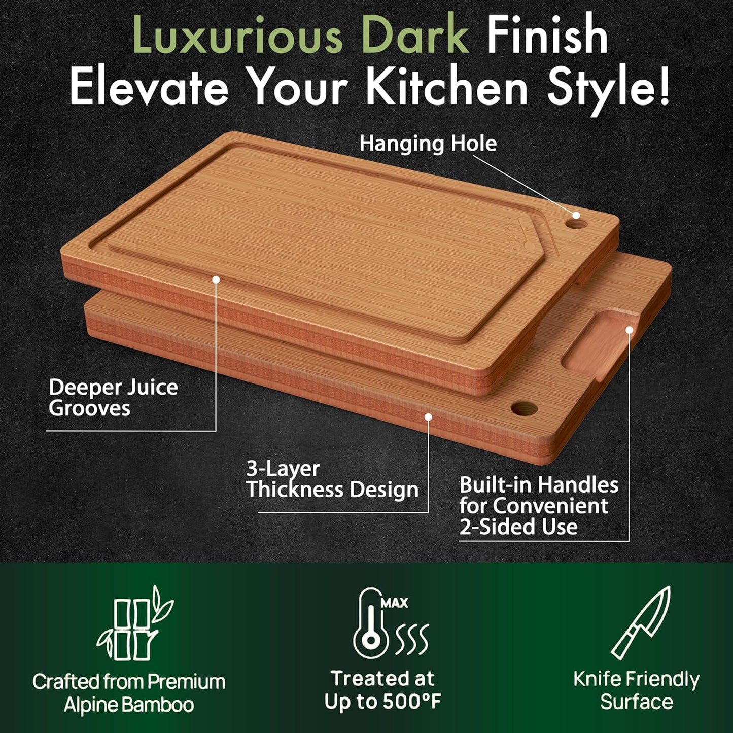 Heavy-Duty Cutting Boards for Kitchen – (Pack of 3) Wood Cutting Board Set – Bamboo Cutting Board Set with Deep Juice Grooves – Ideal for Chopping Meat, Vegetables & Fruits etc.