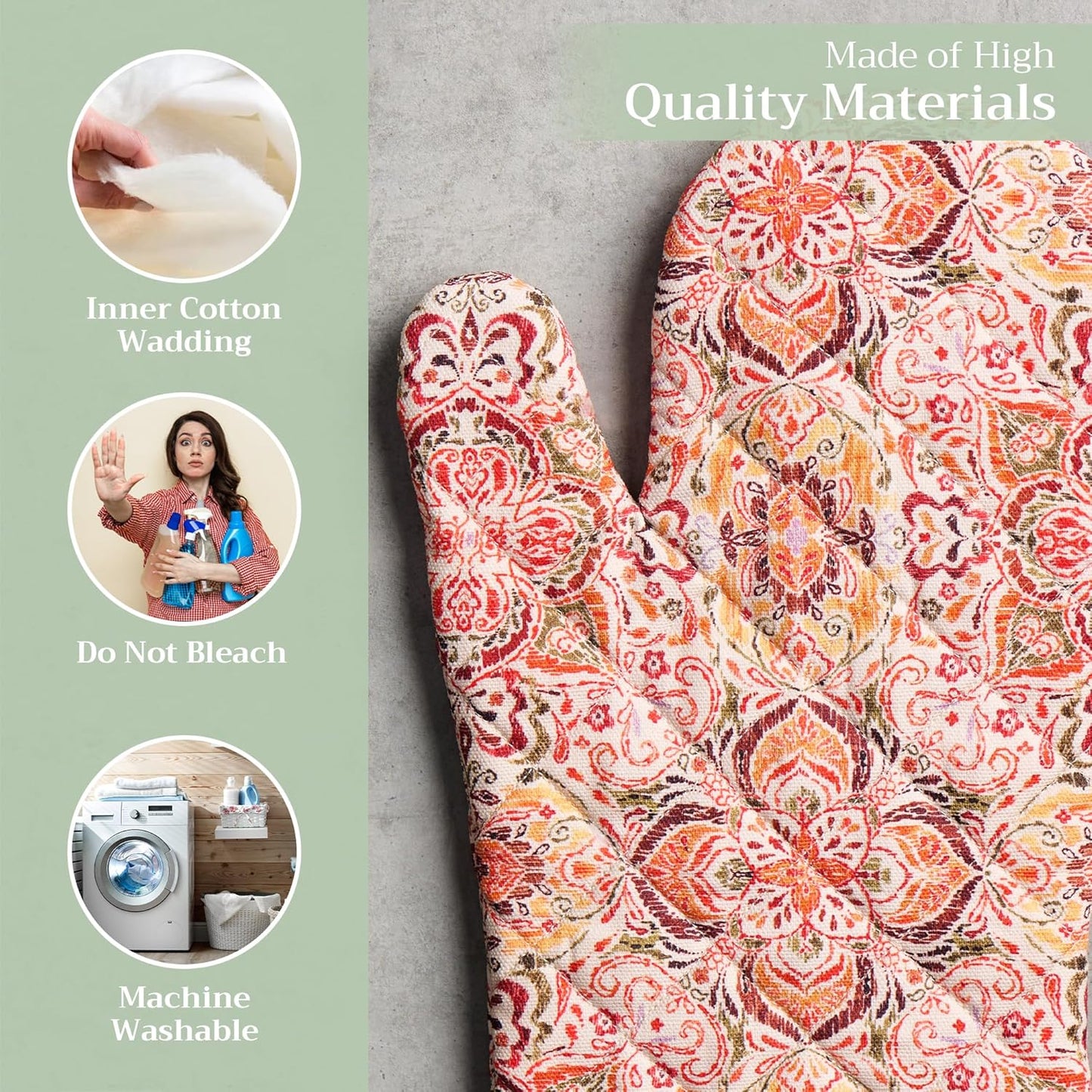 Maison d' Hermine Oven Gloves 100% Cotton Oven Mitt 7" x 13" with Loop Heat Resistant, BBQ, Cooking Gloves, Baking, Grilling, Kitchen, Handling Hot Pans (Pack of 1, Damask)