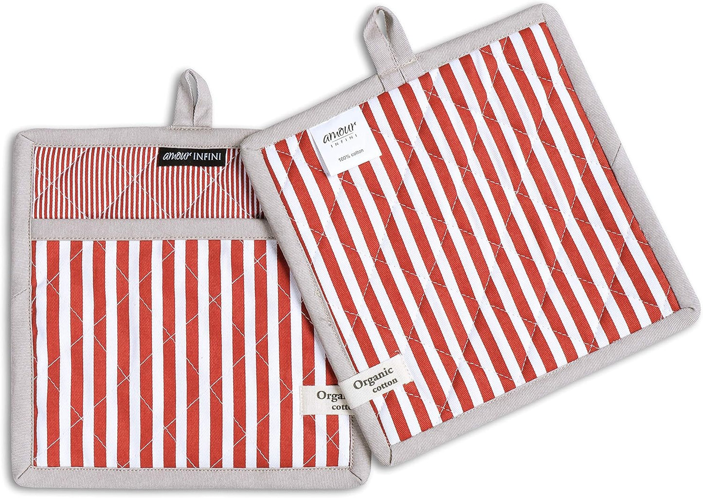 AMOUR INFINI Pot Holders Heat Resistant Cotton Set of 2 Nonslip 8"x8" Inch Hot Pads for Kitchen, BBQ, Baking & Cooking with Hanging Loops (Stripe Rust)