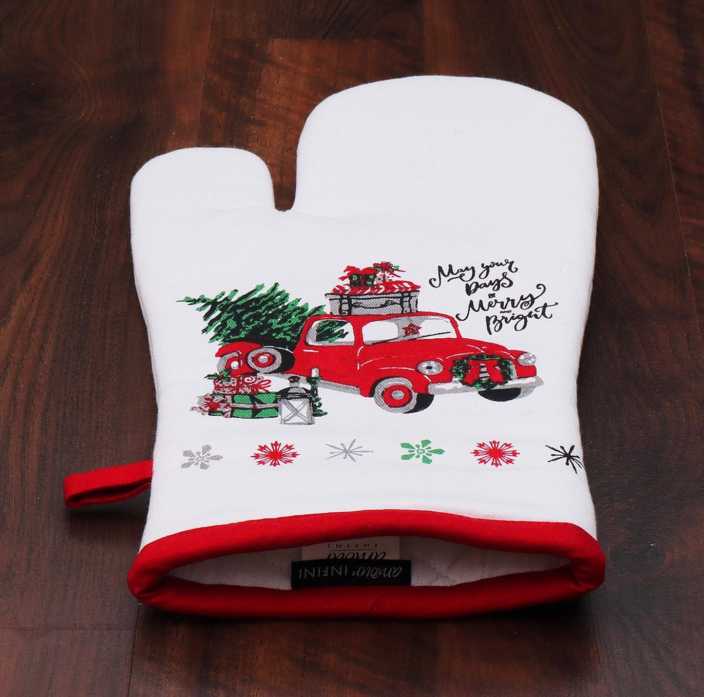 AMOUR INFINI Oven Mitts Set of 1 Quilted Liner with Hanging Loop Non Slip, Heat Resistant, Washable Reusable Oven Mitt (Unique Merry Christmas 7x13 Inches)