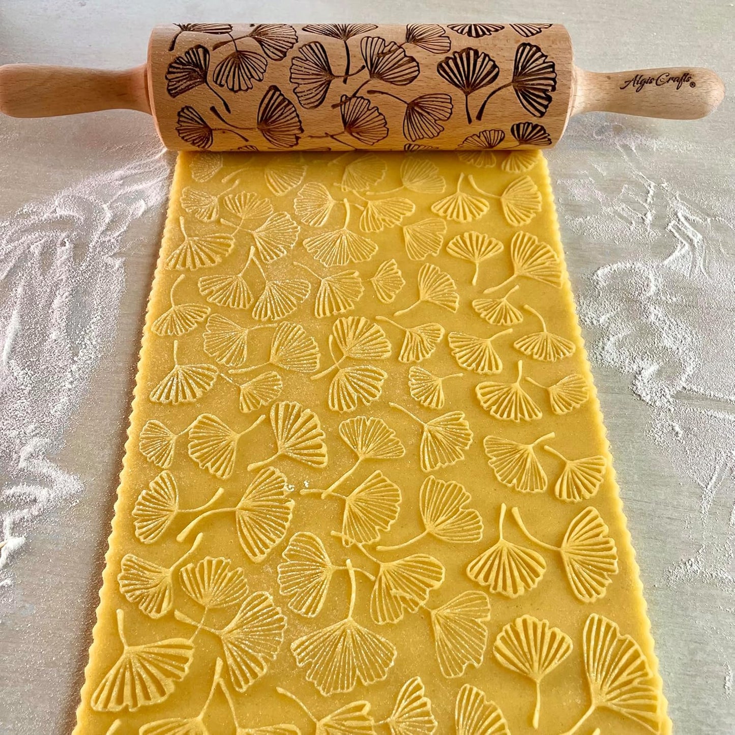 Embossing Rolling Pin GINKGO with Ginkgo Biloba Leaves Pattern – Dough and Clay Roller for Embossed Cookies and Pottery - Cookie and Ceramic Stamp - Baking Gifts for Women by Algis Crafts