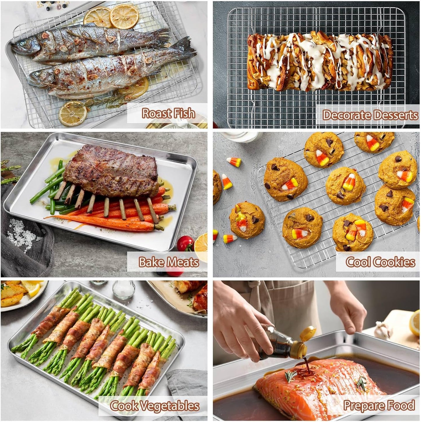 P&P CHEF 17.5 + 16 + 10.4 Inch Baking Sheet and Rack Set, Stainless Steel Cookie Sheets Oven Baking Pans Trays with Cooling Racks for Cooking & Roasting, Oven & Dishwasher Safe, (6Pcs)