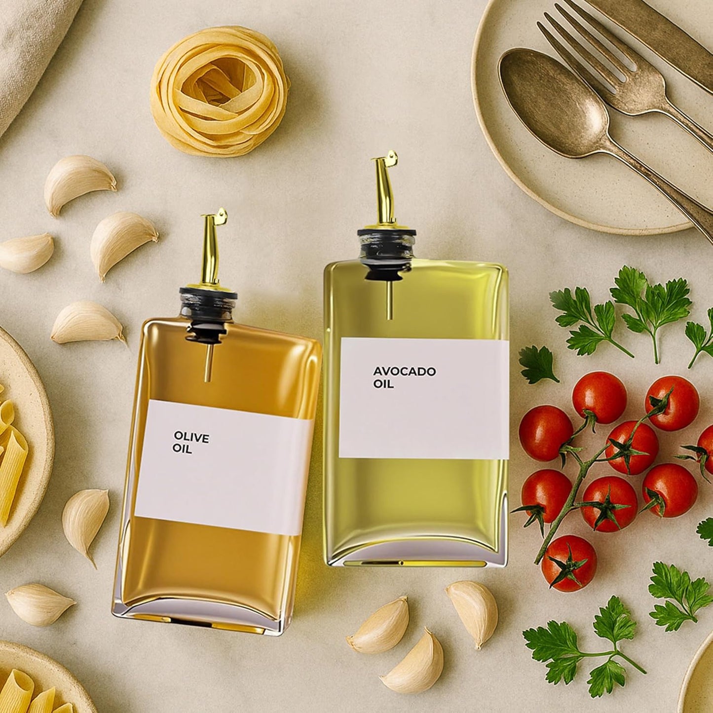 Olive Oil Dispenser Bottle - Includes 44 Kitchen Essential Labels - Cooking Oil Bottles for Kitchen, Coffee Syrup Dispenser - Pourer Spout with 11.8 fl oz Glass Container Cruet - 2pcs, Gold