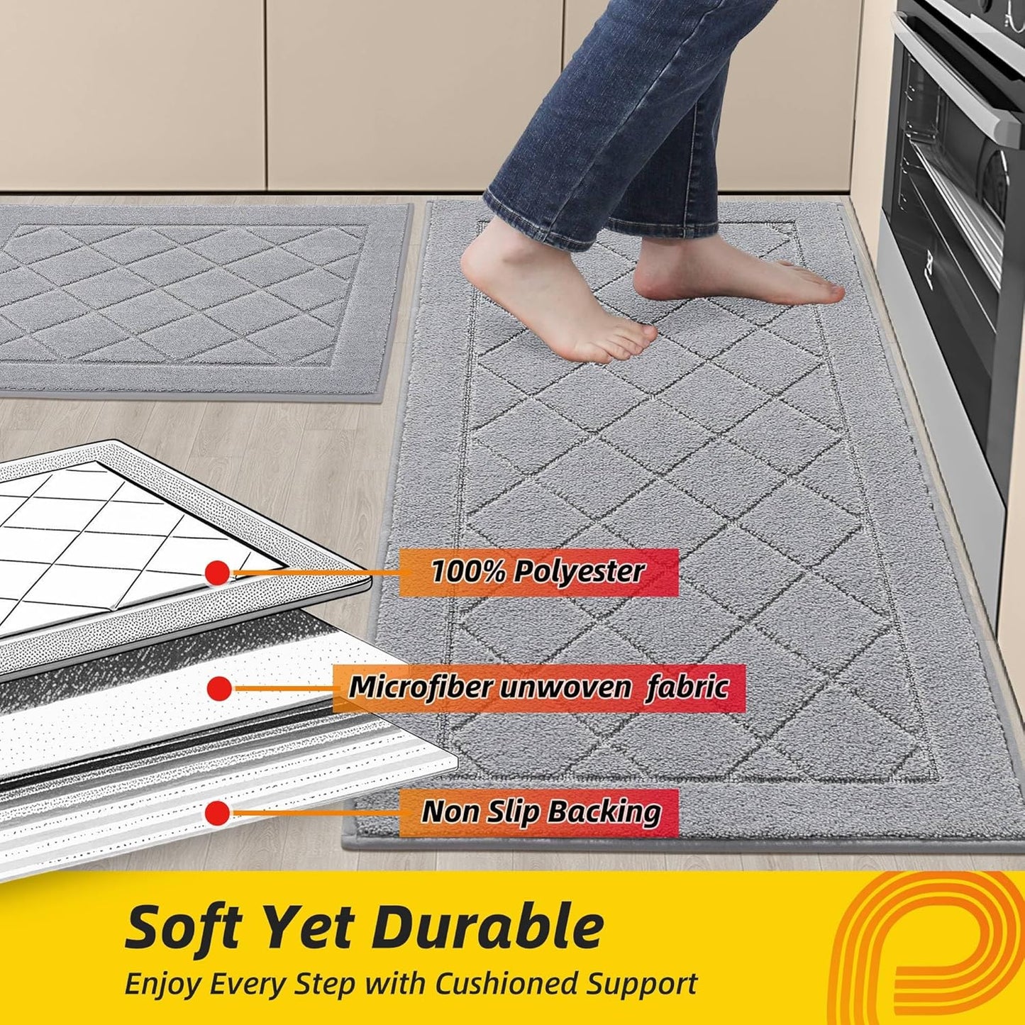 JSEI Non-Slip Kitchen Rugs, Self Adhesive No Sliding Kitchen Mats Set of 2, Soft Washable Absorbent Floor Mat for Kitchen, Bathroom, Laundry Room, Bedroom, 20”x32”+20”x48”, Light Grey, Diamond Pattern