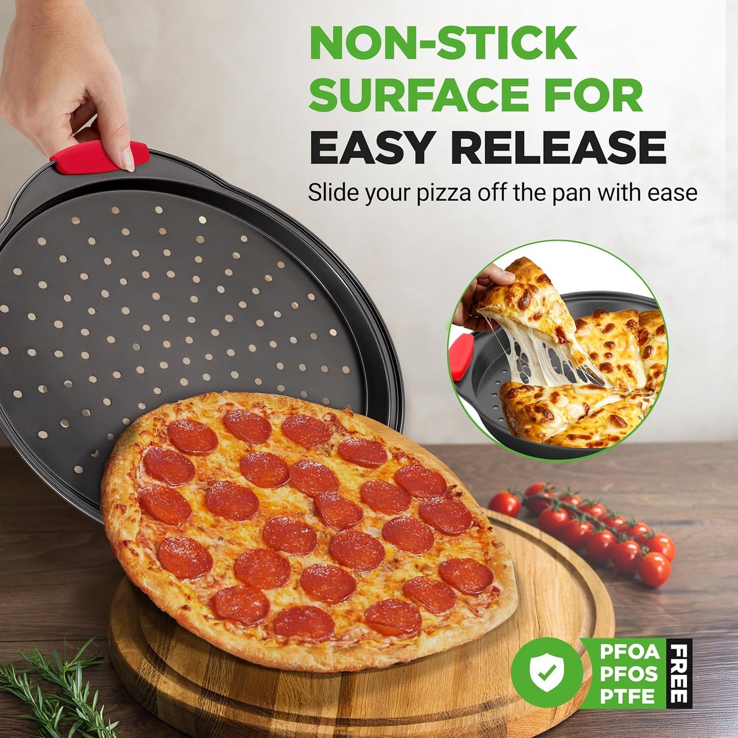 NutriChef 13-Inch Nonstick Pizza Tray - Round Carbon Steel Non-Stick Pizza Baking Pan with Perforated Holes, Premium Bakeware Pizza Screen with Silicone Grip Handles, Dishwasher Safe - NCBPIZ1