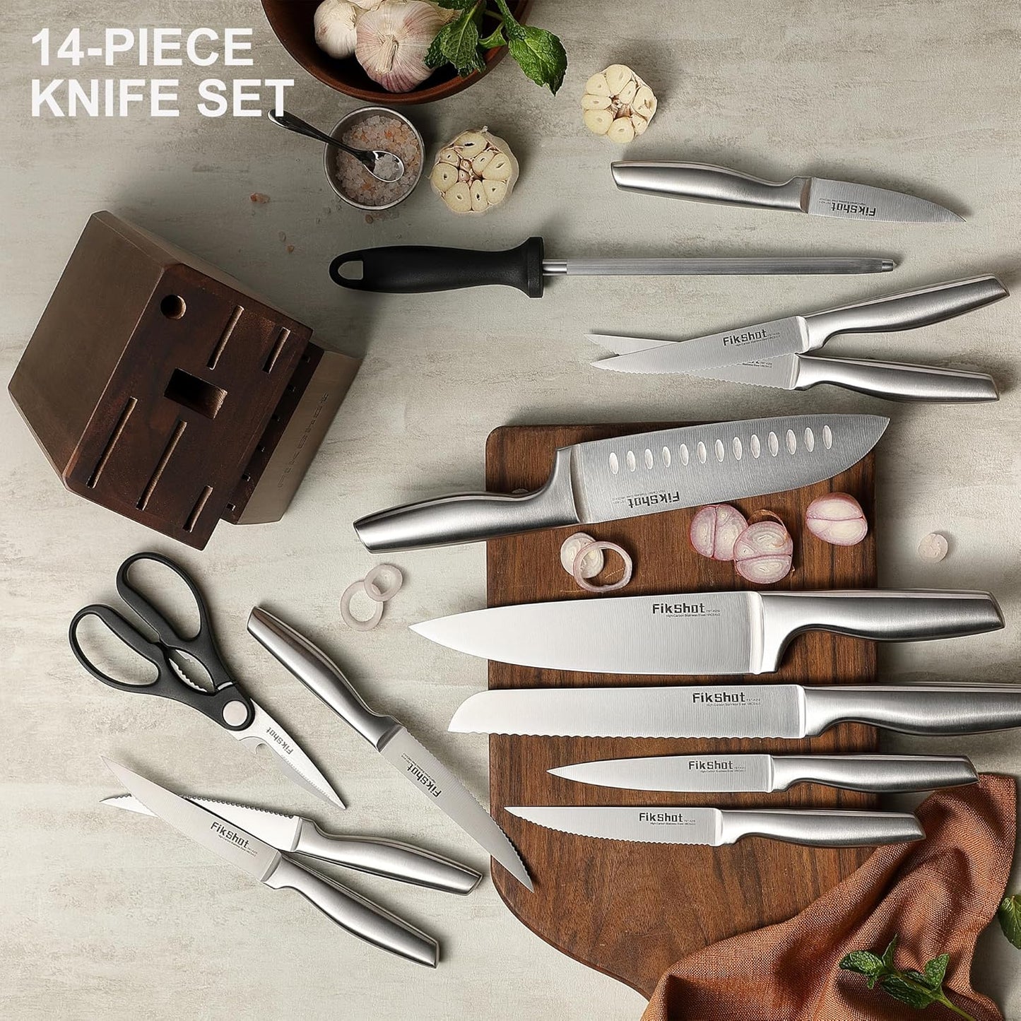 Knife Block Set, Kitchen Knife Sets with Block, FIKSHOT Knives Set for Kitchen - Razor-Sharp Santoku Knife, Fruit and Kitchen Sets - Rust Resistant for Homecooks (Silver + Walnut)