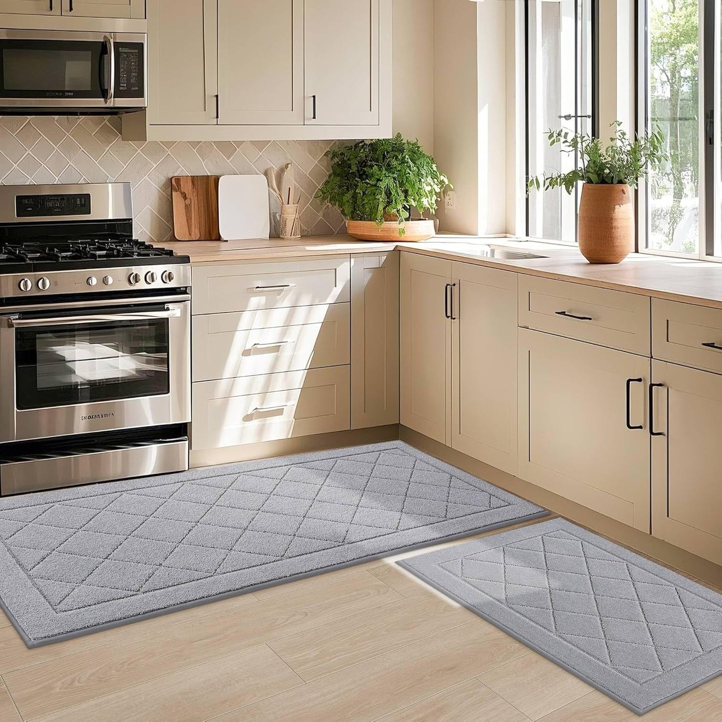 JSEI Non-Slip Kitchen Rugs, Self Adhesive No Sliding Kitchen Mats Set of 2, Soft Washable Absorbent Floor Mat for Kitchen, Bathroom, Laundry Room, Bedroom, 24”x36”+24”x60”, Light Grey, Diamond Pattern