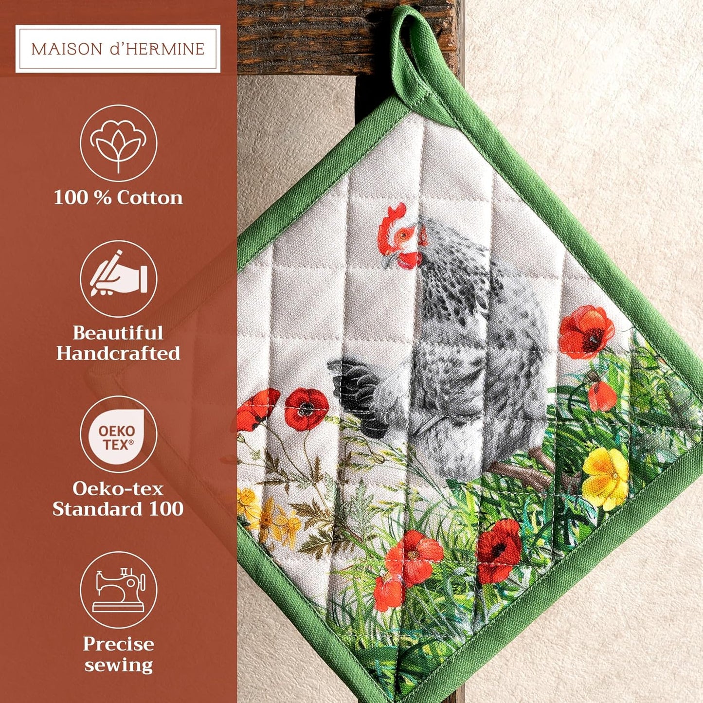 Maison d' Hermine Pot Holders 100% Cotton Heat Resistant Potholders 8" x 8" Hot Pads with Loop BBQ, Cooking, Baking, Grilling, Kitchen, Handling Hot Pans Spring/Summer (Pack of 1, Basse Cour)