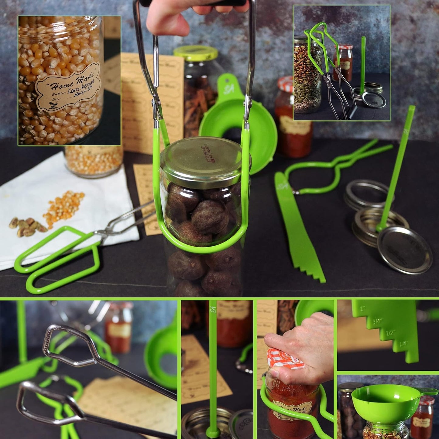 Supa Ant Canning Supplies - USA Assembled & Certified Food Grade Stainless Steel Starter Set Canning Kit for Beginners - Wide Kitchen Funnel, Jar Lifter and Wrench, Bubble Popper/Measurer, Lid Lifter