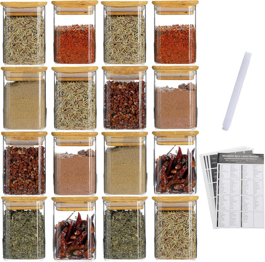 16Pcs 7oz Spice Jars Glass Container with 275 Labels, Airtight Seasoning Empty Organizer with Bamboo Lid Set for Pepper, Salt, Sugar