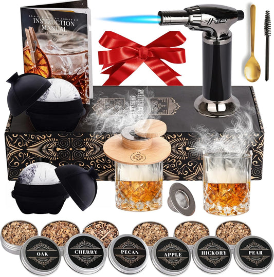 Whiskey Smoker Kit - Cocktail Smoker Kit with Torch, 2 Whiskey Glasses, 2 Ice Ball Makers, 6 Flavors Wood Chips - Old Fashioned Smokers - Bourbon Drink Smoking Set - Whiskey Accessories Gifts for Men