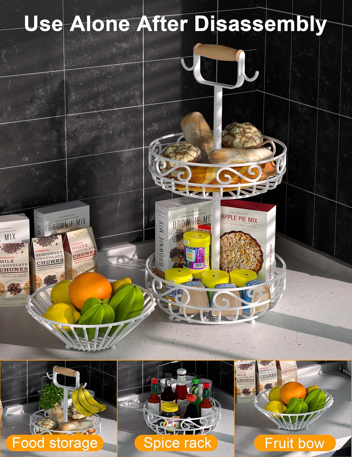 2-Tier 𝐅𝐫𝐮𝐢𝐭 𝐁𝐚𝐬𝐤𝐞𝐭 and Fruit Bowl - Fruit and Vegetable Storage with Banana Tree Hanger and Wood Handle, Fruit Basket for Kitchen Counter, for Bread Onions Potatoes Veggies Produce