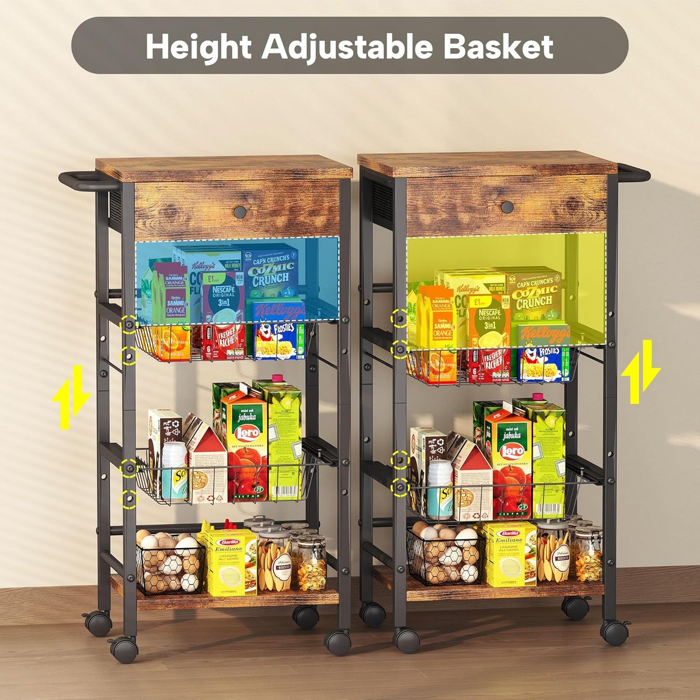 Kitchen Organizer and Storage Cart with Fabric Drawer and Convenient Handle, Snack Organizer Cart with 2 Pull-Out Baskets and 2 Storage Shelves, Rolling Kitchen Cart for Fruit Potato Onion Vegetable