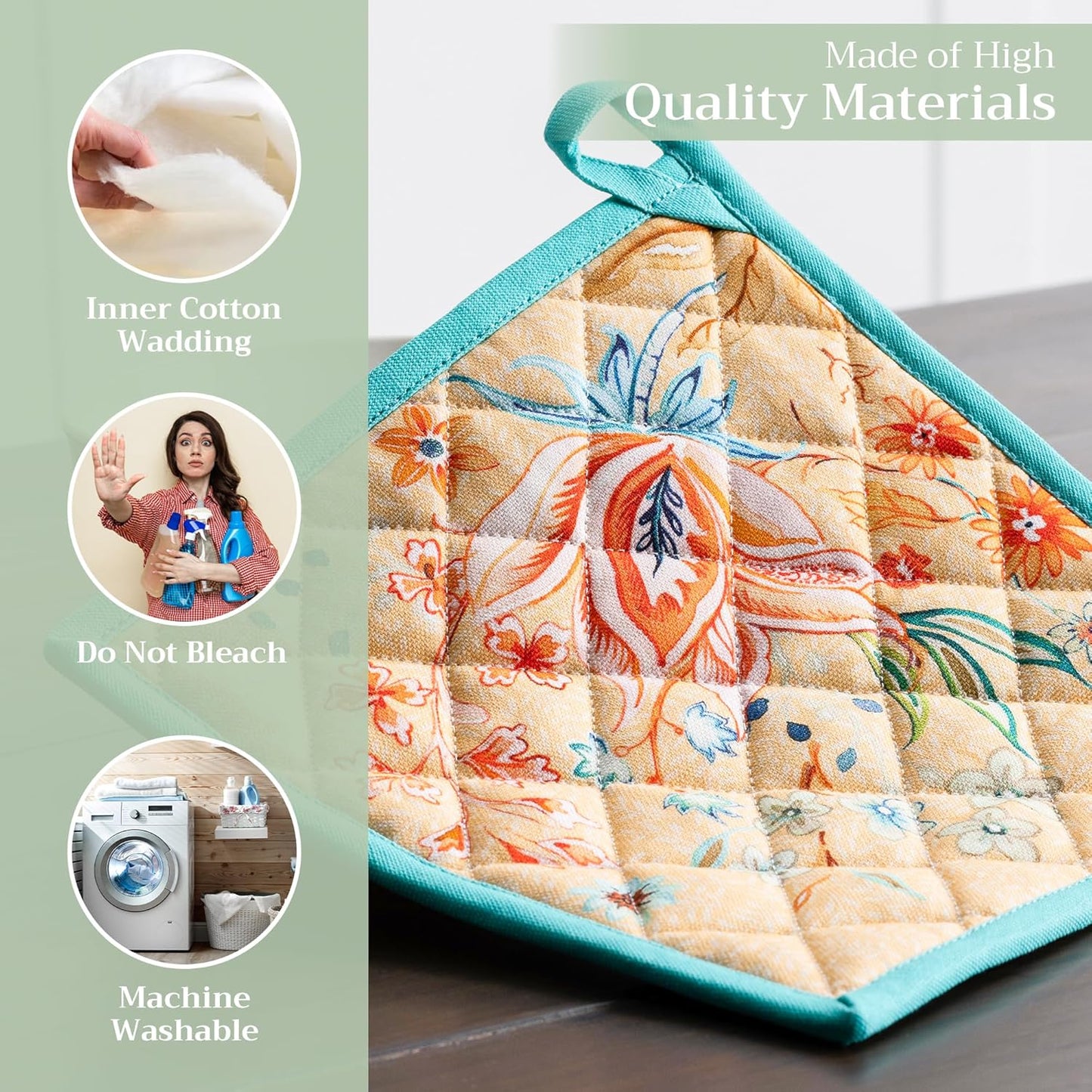 Maison d' Hermine Pot Holders Set 100% Cotton Heat Resistant Potholders 8" x 8" Hot Pads with Loop BBQ, Cooking, Grilling, Kitchen, Handling Hot Pans Spring/Summer (Pack of 2, Luxury Loft – Peach)