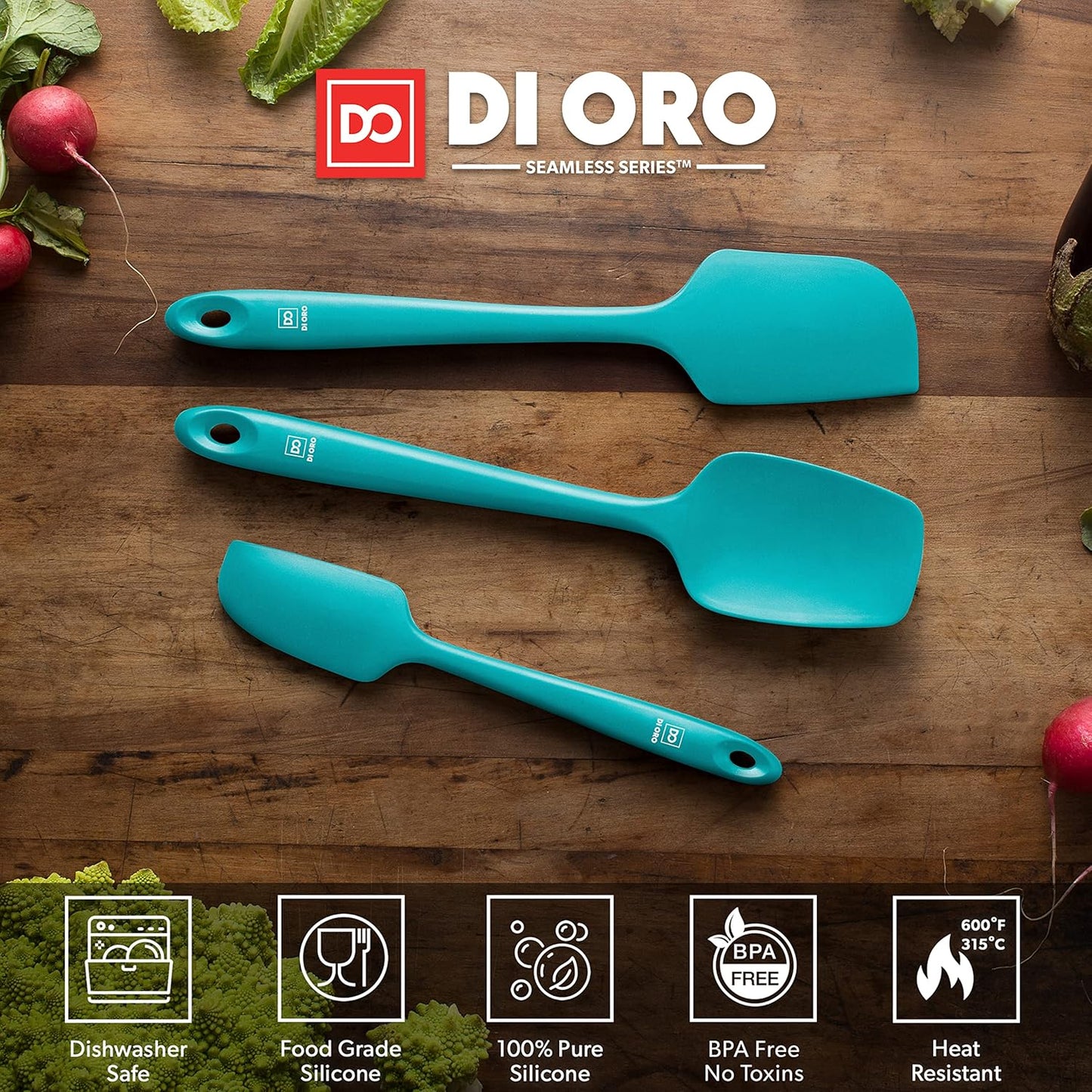 DI ORO Silicone Spatula Set - Rubber Kitchen Spatulas for Baking, Cooking, & Mixing - 600°F Heat-Resistant & BPA Free Silicone Scraper Spatulas for Nonstick Cookware - Dishwasher Safe (3pc, Teal)