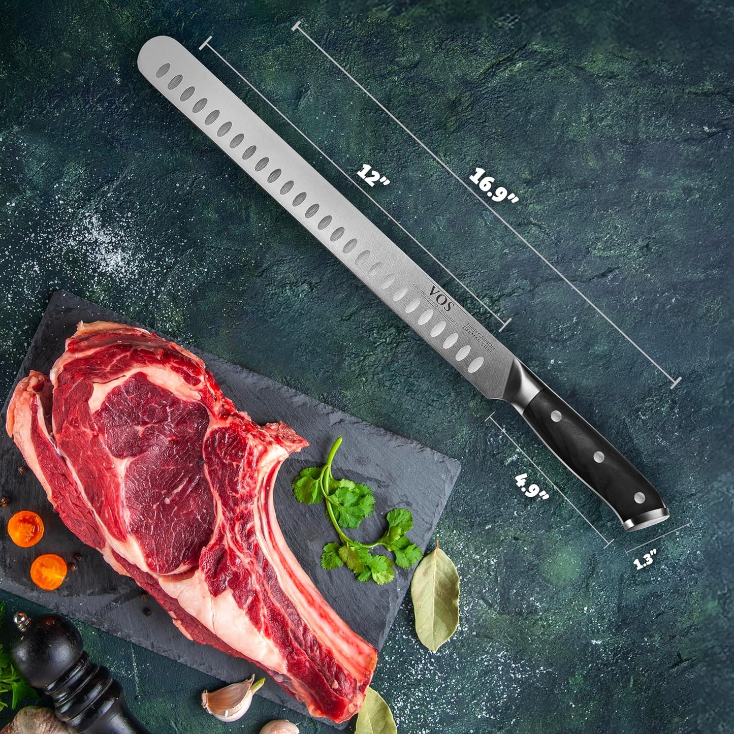 Vos 12" Carving Knife & Brisket Slicer – German Steel Meat Cutter with Ergonomic Handle – Precision Blade for Turkey, Bread, Cheese & BBQ – Elegant Gift Box Included – Kitchen Essential