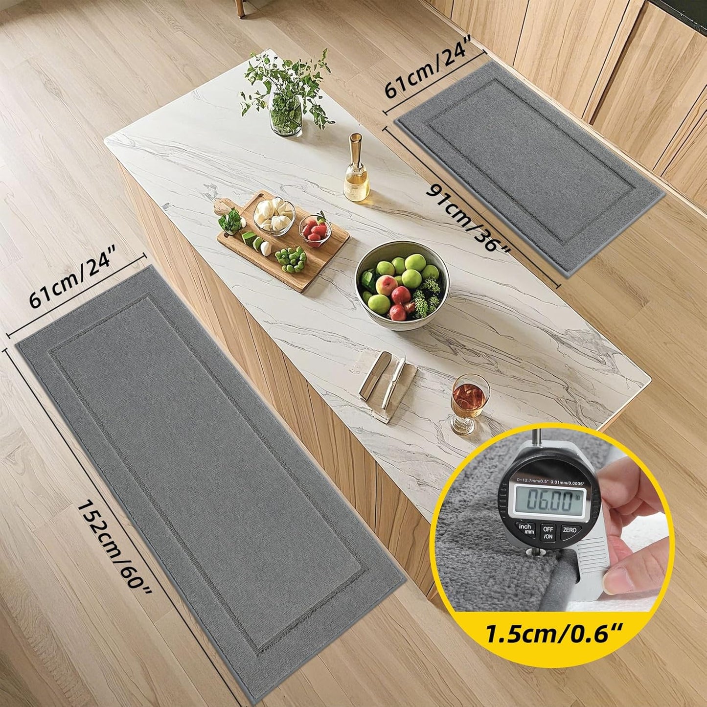 JSEI Non-Slip Kitchen Mats, Self Adhesive No Sliding Kitchen Rugs Set of 2, Washable Absorbent Floor Mat for Kitchen, Bathroom, Laundry Room, Bedroom, 24”x36”+24”x60”, Light Grey, Rectangular Pattern