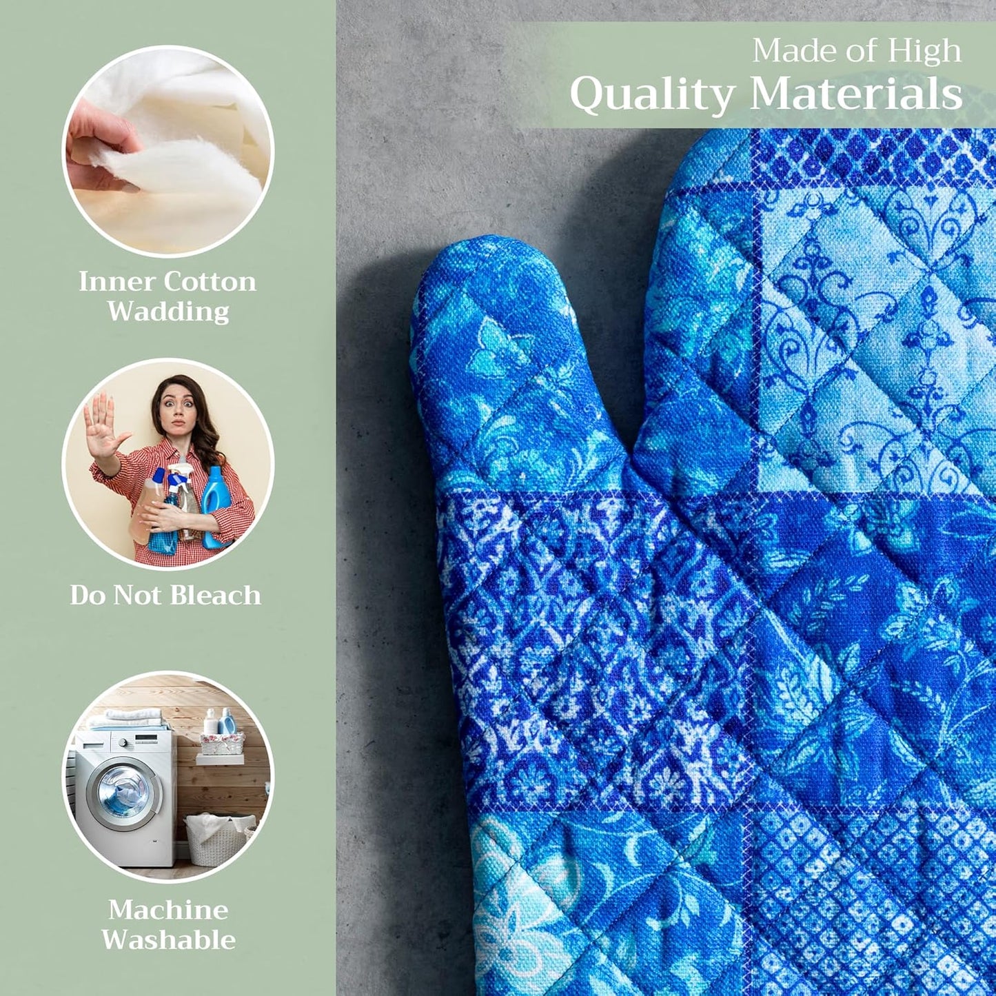 Maison d' Hermine Oven Gloves 100% Cotton Oven Mitt 7" x 13" with Loop Heat Resistant, BBQ, Cooking Gloves, Baking, Grilling, Kitchen, Handling Hot Pans Spring/Summer (Pack of 1, Indigo Love)