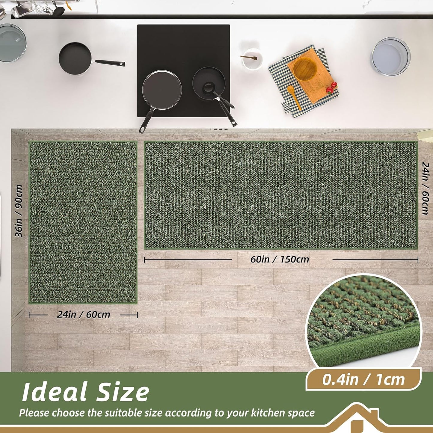 BEQHAUSE Kitchen Rugs and Mats 2PCS, Non-Slip Kitchen Mats for Floor, Absorbent and Stain Resistant Kitchen Runner, Machine Washable Rugs for Kitchen, Laundry & Sink, 24"x36"+24"x60", Green