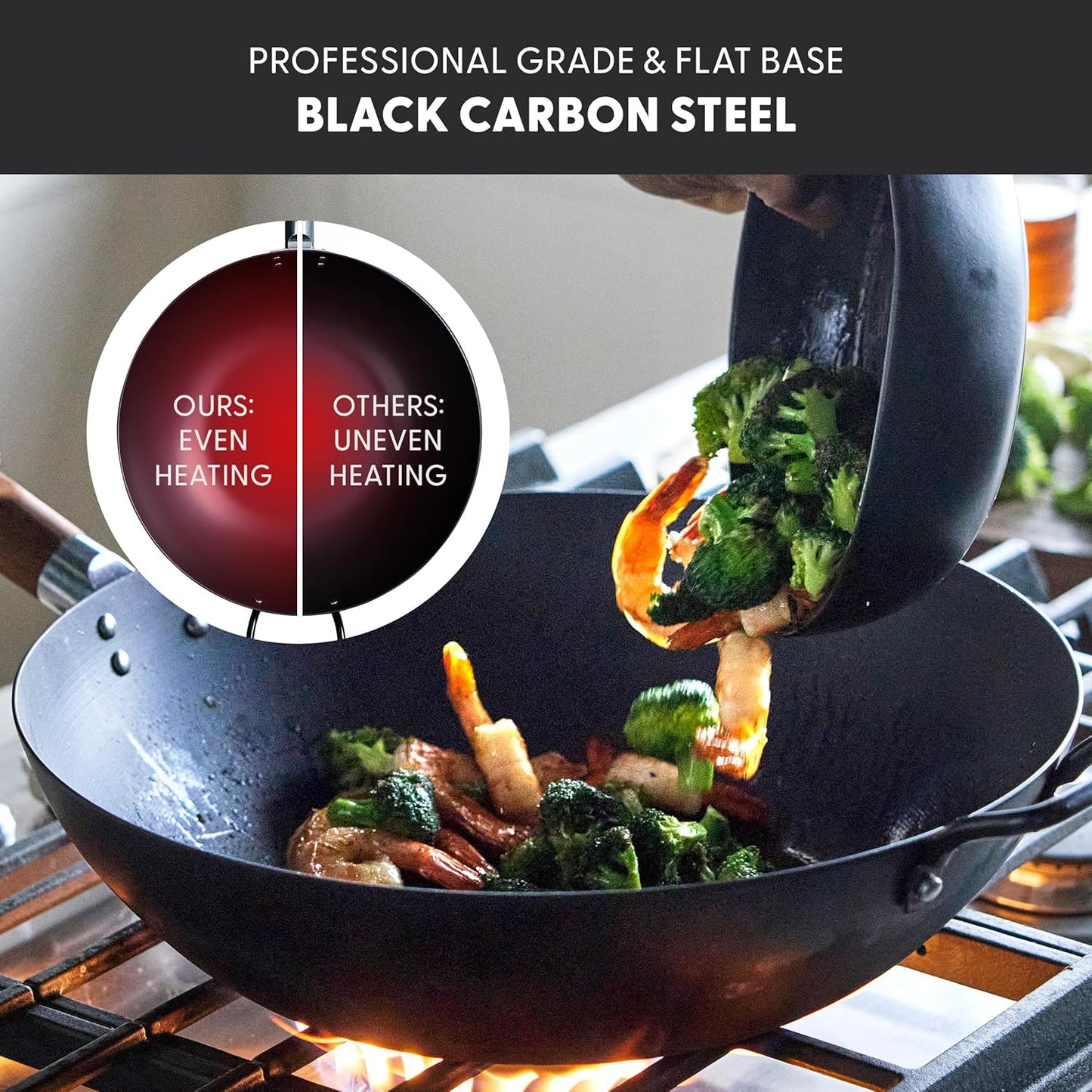 GreenPan Carbon Steel Wok 14”, Flat Bottom, Durable Stir-Fry Pan, Pre-Seasoned Nonstick Patina, High Heat Retention, Induction, Ash Wood Handle, Kyoto, Black