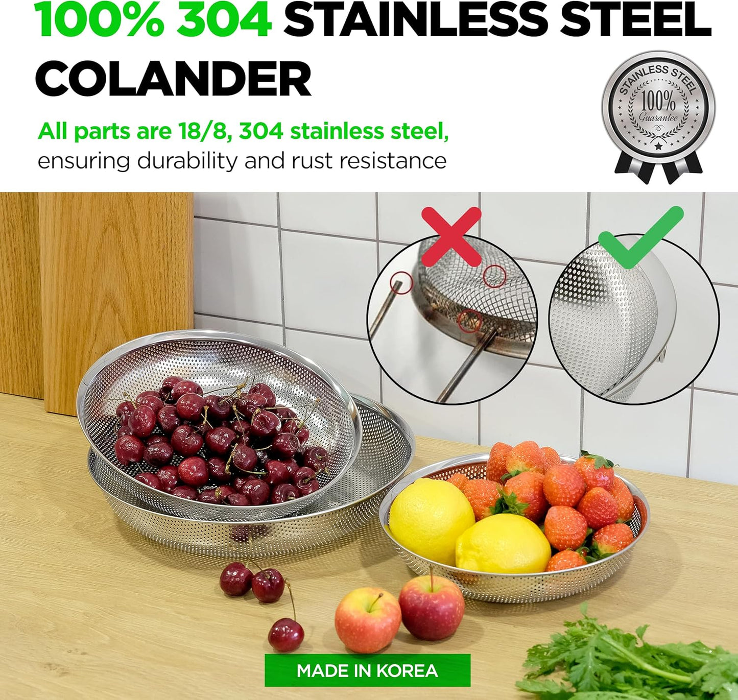 Premium 18/8 304 Stainless Steel Small Colander Set of 3, Comfortable Tray, Micro-Perforated Shallow Colanders 2-3-4 Quart Set, Self-Draining Solid Base for Pasta, Fruits, Vegetables