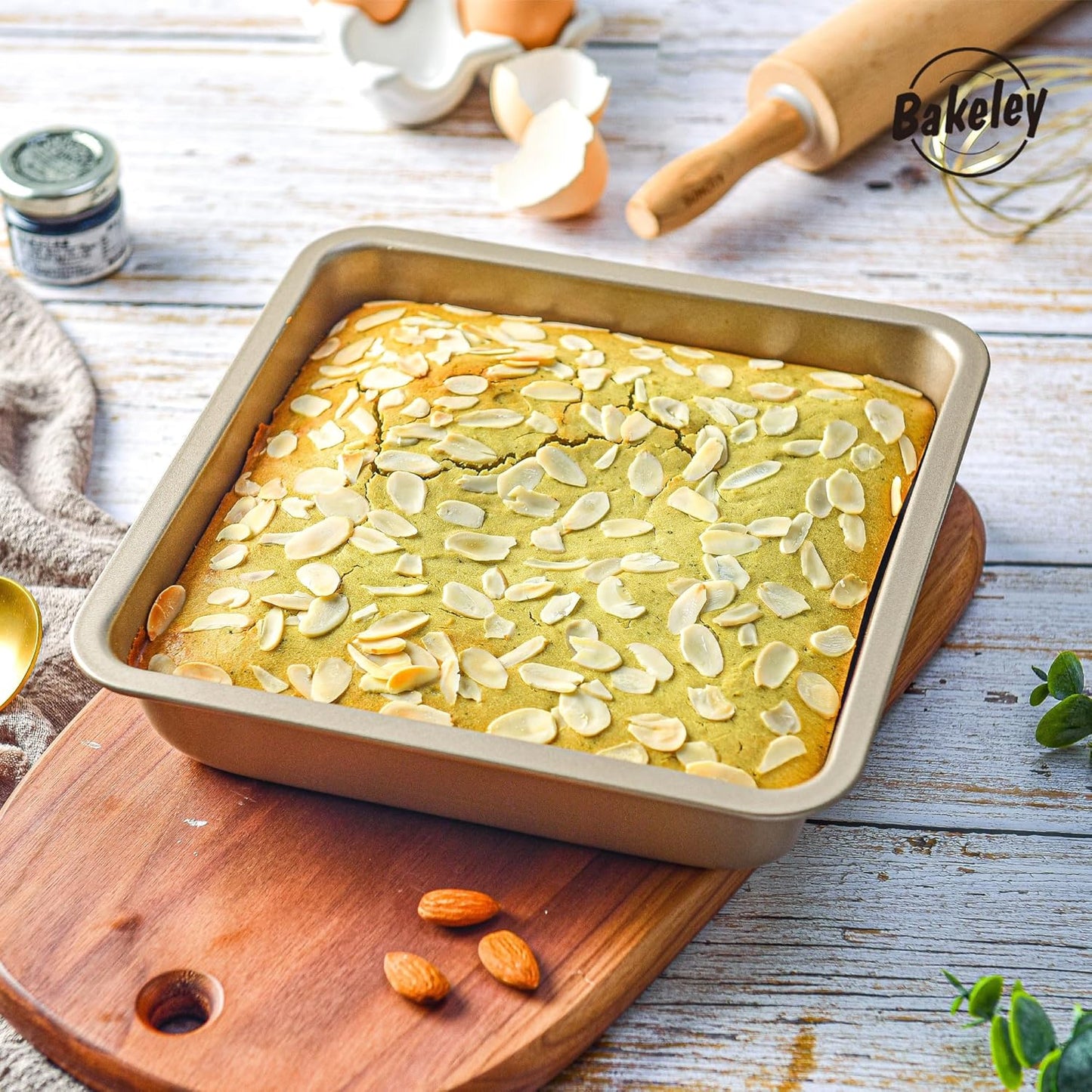 8 inch square cake pan (Set of 2), 8 inch square baking pan, 8 in square pan, Non-stick carbon steel, 8'' Brownie Pan and Loaf Pan (Champagne Gold)