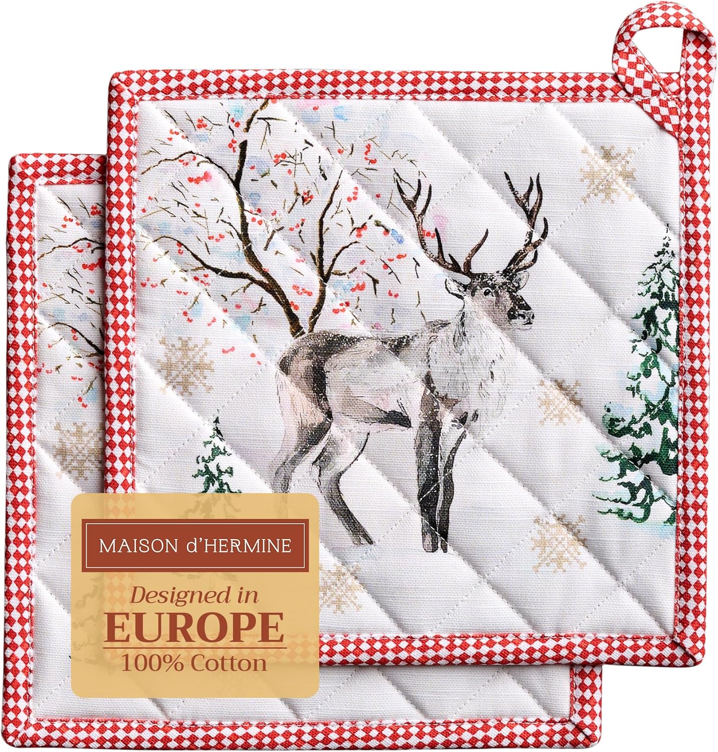 Maison d' Hermine Pot Holders Set 100% Cotton Heat Resistant Potholders 8" x 8" Hot Pads with Loop BBQ, Cooking, Baking, Grilling, Kitchen, Handling Hot Pans (Pack of 2, Rural Christmas)