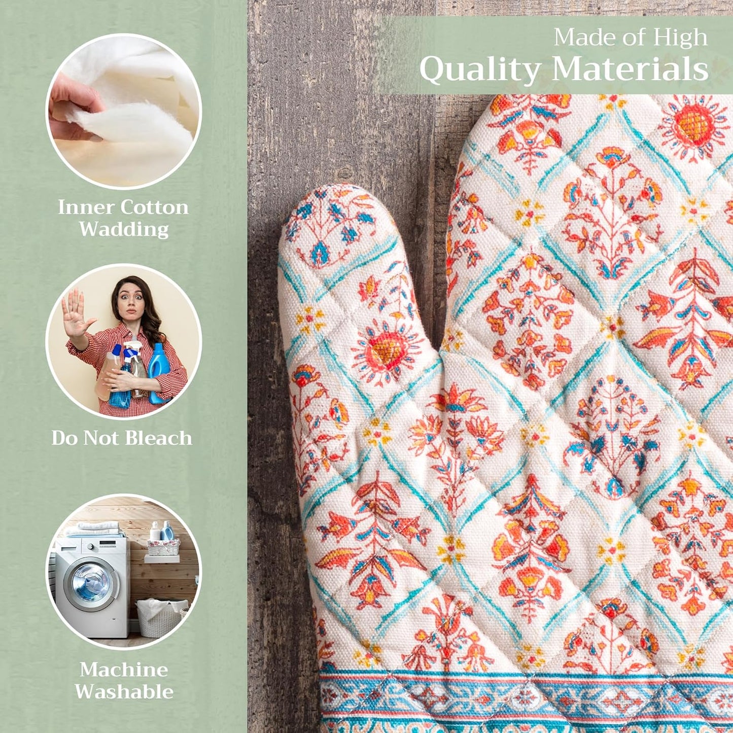 Maison d' Hermine Oven Gloves 100% Cotton Oven Mitt 7" x 13" with Loop Heat Resistant, BBQ, Cooking Gloves, Baking, Grilling, Kitchen, Handling Hot Pans (Pack of 1, Romane)