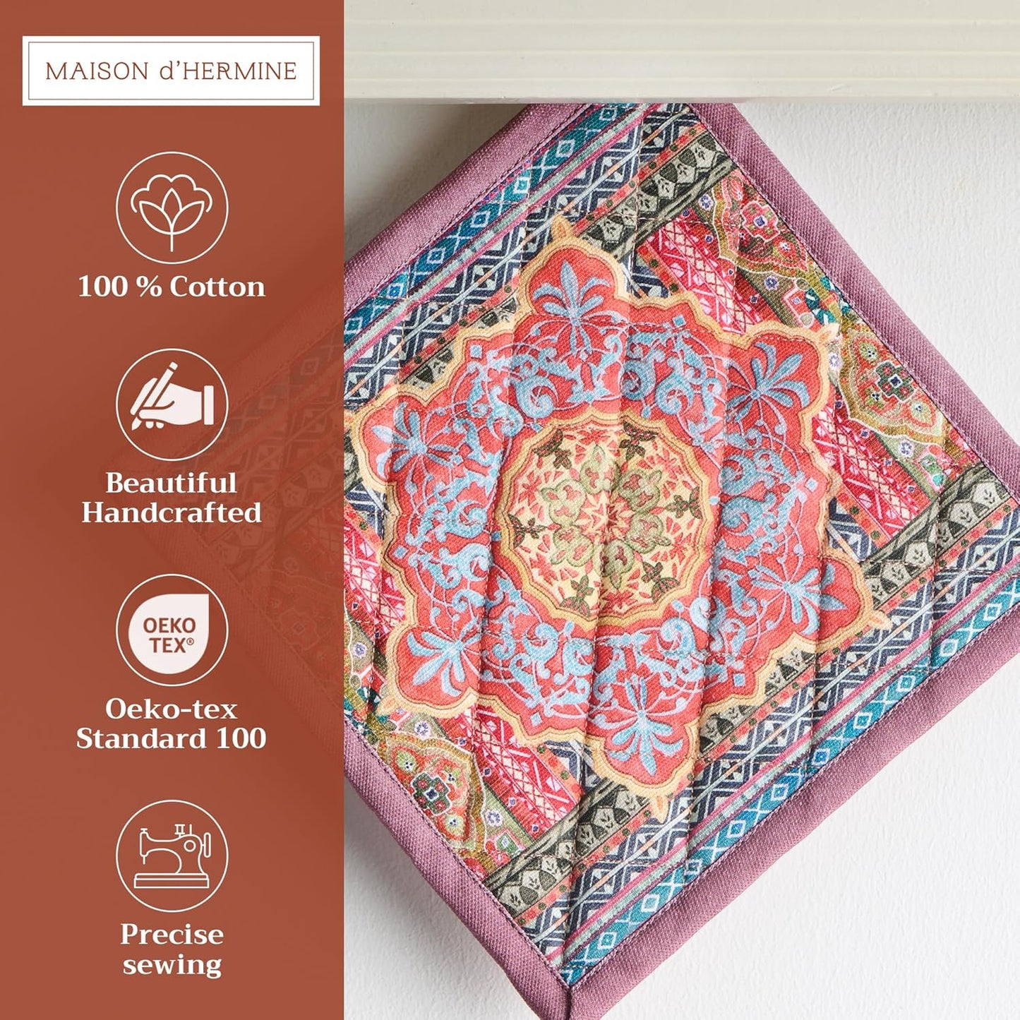 Maison d' Hermine Pot Holders 100% Cotton Heat Resistant Potholders 8" x 8" Hot Pads with Loop BBQ, Cooking, Baking, Grilling, Kitchen, Handling Hot Pans (Pack of 1, Ispahan)